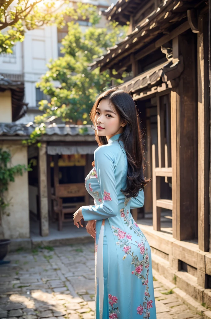 (best quality,4k,8k,highres,masterpiece:1.2),ultra-detailed,realistic,close-up portrait,Asian girl, delicate embroidery Vietnamese Ao Dai,hands in front of belly, back view,ancient street,beautiful detailed hair,traditional dress,lively colors,graceful pose,elegant atmosphere,vibrant flowers and lanterns,soft sunlight,nostalgic vibes,sunlit cobblestones,ancient architecture,rich cultural heritage,lively atmosphere.