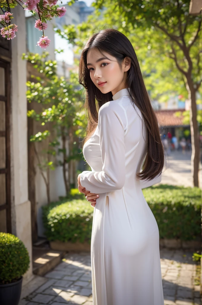 (best quality,4k,8k,highres,masterpiece:1.2),ultra-detailed,realistic,close-up portrait,Asian girl, delicate embroidery Vietnamese Ao Dai,hands in front of belly, back view,ancient street,beautiful detailed hair,traditional dress,lively colors,graceful pose,elegant atmosphere,vibrant flowers and lanterns,soft sunlight,nostalgic vibes,sunlit cobblestones,ancient architecture,rich cultural heritage,lively atmosphere.