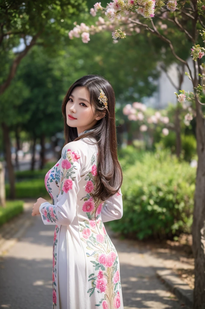 (best quality,4k,8k,highres,masterpiece:1.2),ultra-detailed,realistic,close-up portrait,Asian girl, delicate embroidery Vietnamese Ao Dai,hands in front of belly, back view,ancient street,beautiful detailed hair,traditional dress,lively colors,graceful pose,elegant atmosphere,vibrant flowers and lanterns,soft sunlight,nostalgic vibes,sunlit cobblestones,ancient architecture,rich cultural heritage,lively atmosphere.