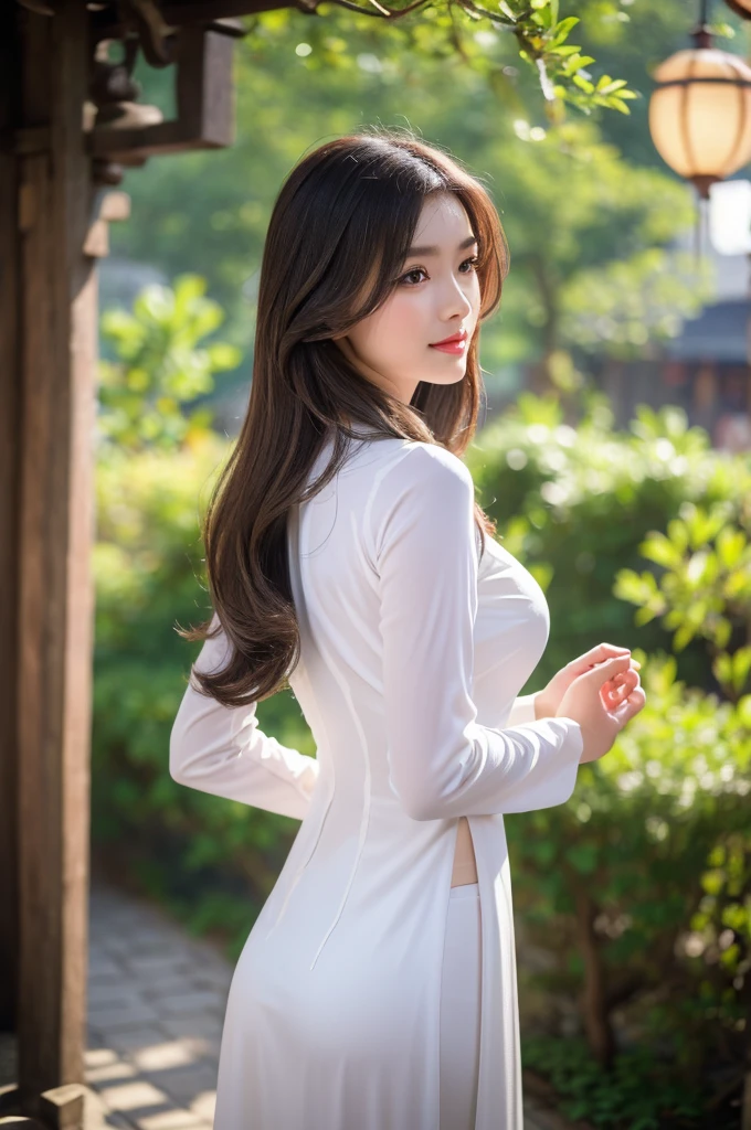 (best quality,4k,8k,highres,masterpiece:1.2),ultra-detailed,realistic,close-up portrait,Asian girl, delicate embroidery Vietnamese Ao Dai,hands in front of belly, back view,ancient street,beautiful detailed hair,traditional dress,lively colors,graceful pose,elegant atmosphere,vibrant flowers and lanterns,soft sunlight,nostalgic vibes,sunlit cobblestones,ancient architecture,rich cultural heritage,lively atmosphere.