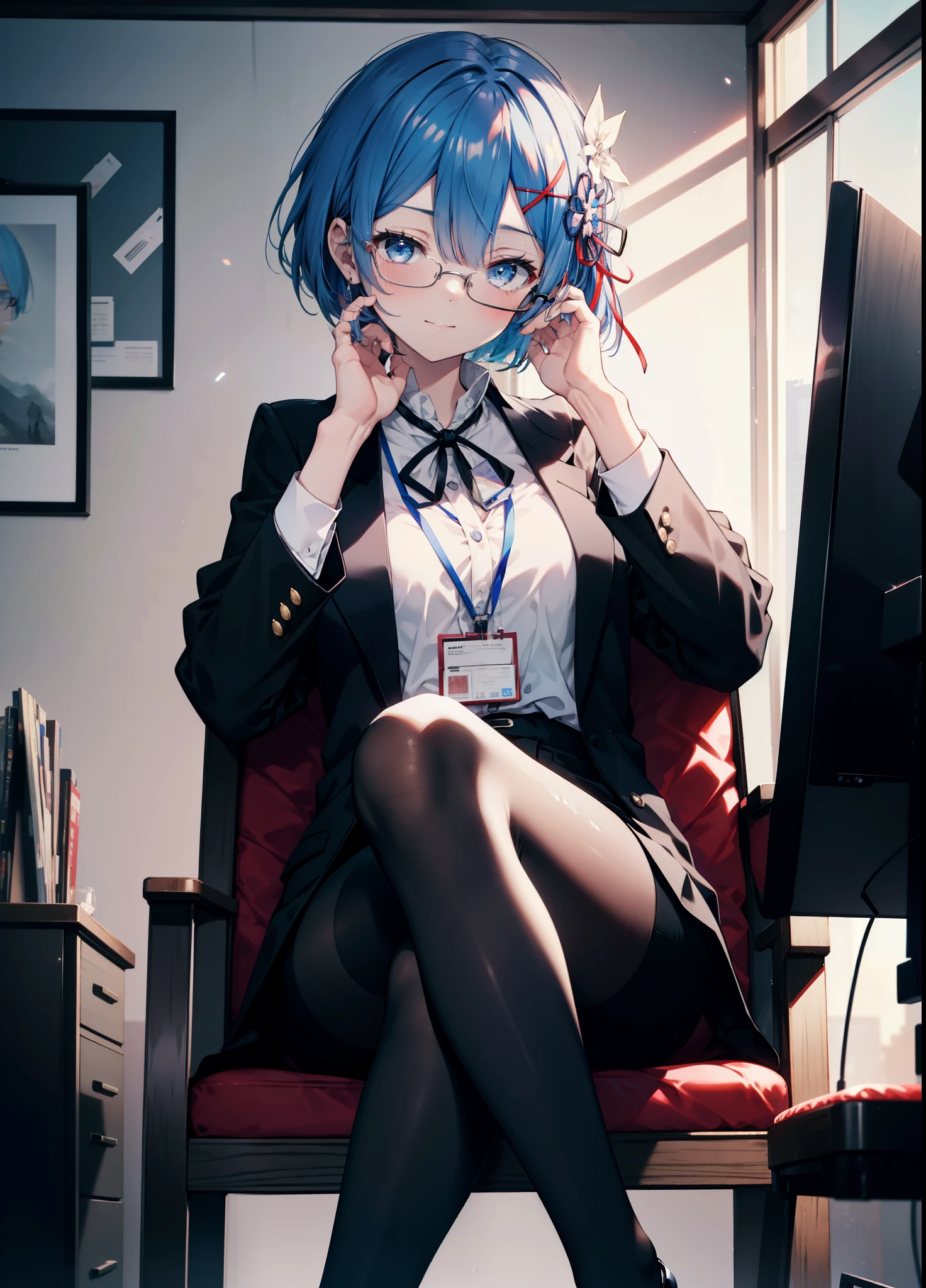rezeroRem, Rem, blue eyes, Blue Hair, hair ornaments, Hair on one eye, hair ribbon, short hair, x hair ornaments,happy smile, smile, Open your mouth,OL, Akagi glasses,black suit jacket, Collared jacket, White dress shirt, Collared shirt, Neckline, button, strap, ID card on neck, Black pencil skirt, Black Pantyhose, OL, Red glasses, end, black suit jacket, Collared jacket, White dress shirt, Collared shirt, Neckline, button, strap, ID card on neck, Black pencil skirt, Black Pantyhose, Stiletto heels,sitting cross-legged on a chair,There is a computer on the table,Daytime,Clear skies,
break indoors, office,
break looking at viewer,
break (masterpiece:1.2), highest quality, High resolution, unity 8k wallpaper, (figure:0.8), (Beautiful fine details:1.6), extRemely detailed face, Perfect lighting, extRemely detailed CG, (Perfect hands, Perfect Anatomy),