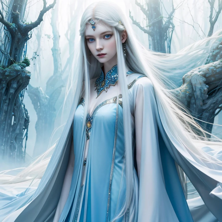 A girl with pale skin, white pearlescent long hair, irisdecent blueish white eyes, 6'5 feet tall, ethereal beauty