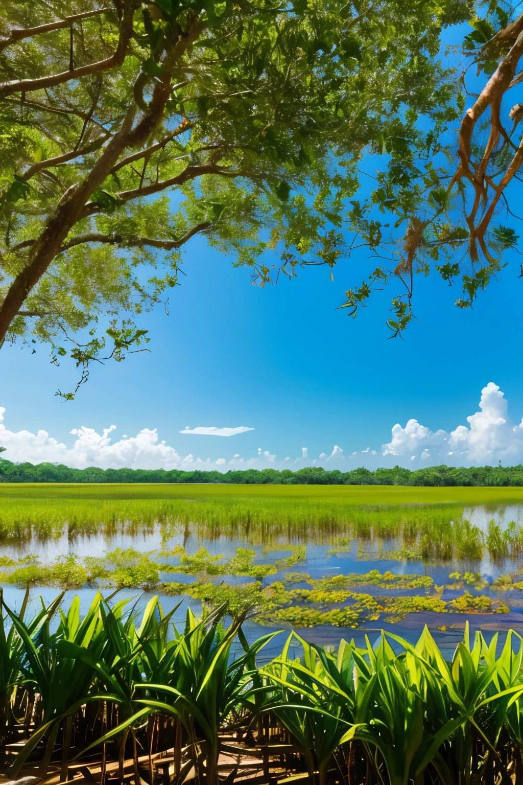 Mangrove swamps on the edge of a tropical shore.