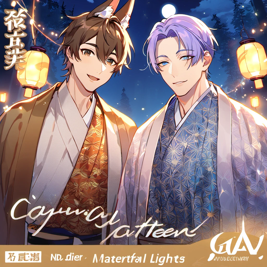 absurdres, highres, ultra detailed, HDR, master piece, best quality, perfect face, beautiful eyes, delicate features, Eiden, brown hair, expressive brown eyes, Nu Carnival, Kuya, light-purple hair, expressive blue eyes, fox ears, two men together, gay couple, handsome, kimono, haori, patterns, forest, moon, fireflies, shining lights, lanterns