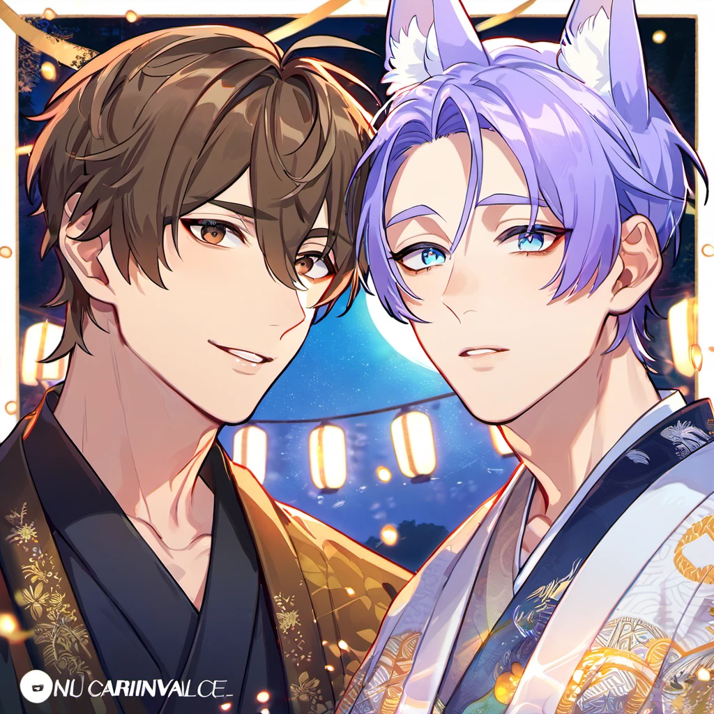 absurdres, highres, ultra detailed, HDR, master piece, best quality, perfect face, beautiful eyes, delicate features, Eiden, brown hair, expressive brown eyes, Nu Carnival, Kuya, light-purple hair, expressive blue eyes, fox ears, two men together, gay couple, handsome, kimono, haori, patterns, forest, moon, fireflies, shining lights, lanterns