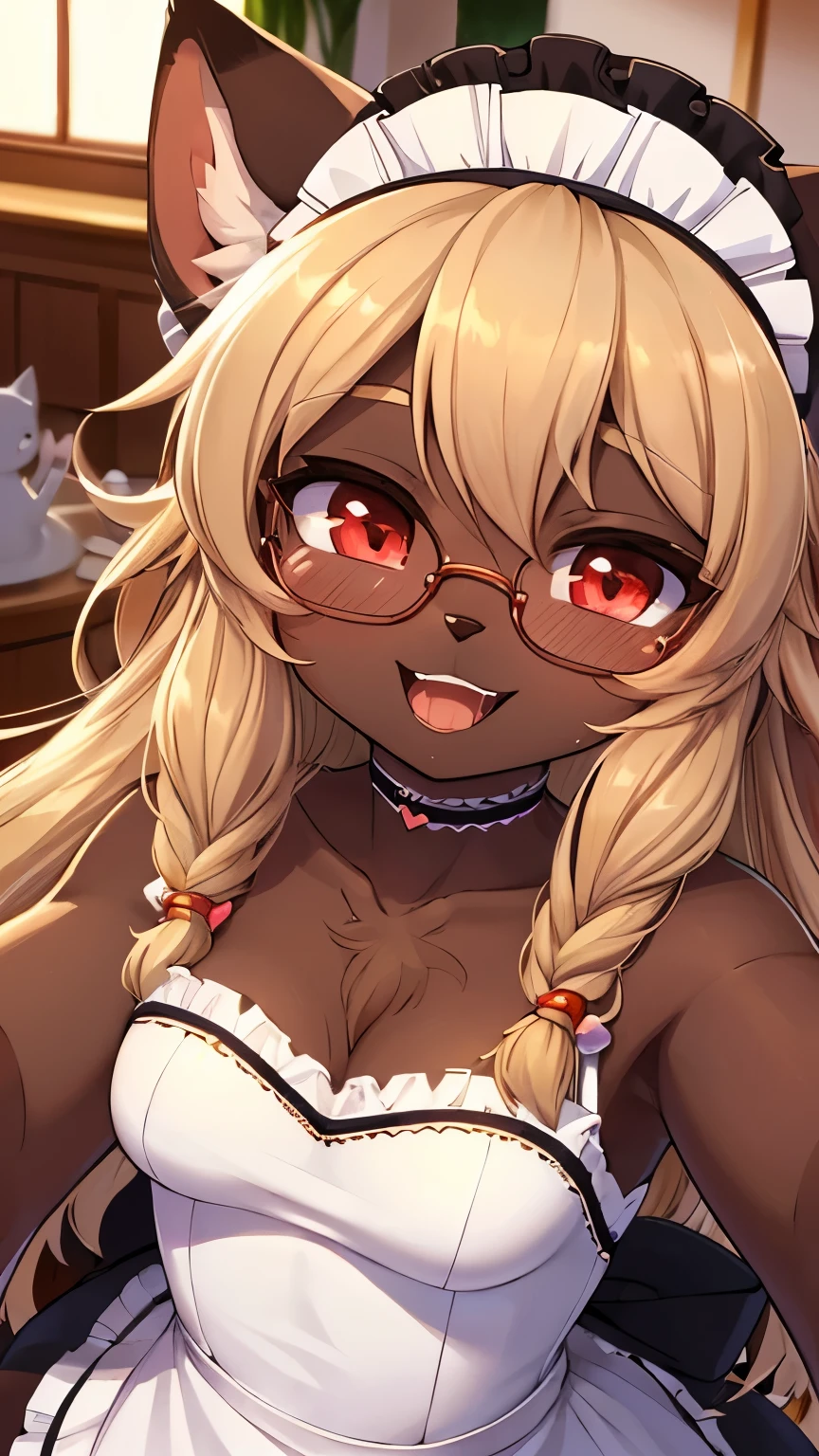 best quality,best resolution,(fluffy anthro furry :1.6),(young :1.8),(dark brown skin :1.6),cat girl,small breasts,gold hair,long hair,wavy hair,curvy hair,red eyes,glistering eyes,sparkle eyes,huge circle glasses,maid outfit,maid headdress,maid gloves,ruffles,beautiful cafe,white light,looking at viewer,full face blush,sexy face,horny smile,open mouth,heart eyes,heart expression eyes,face to face,two hands selfie,close up,close eyes,heavy breath,front view,solo