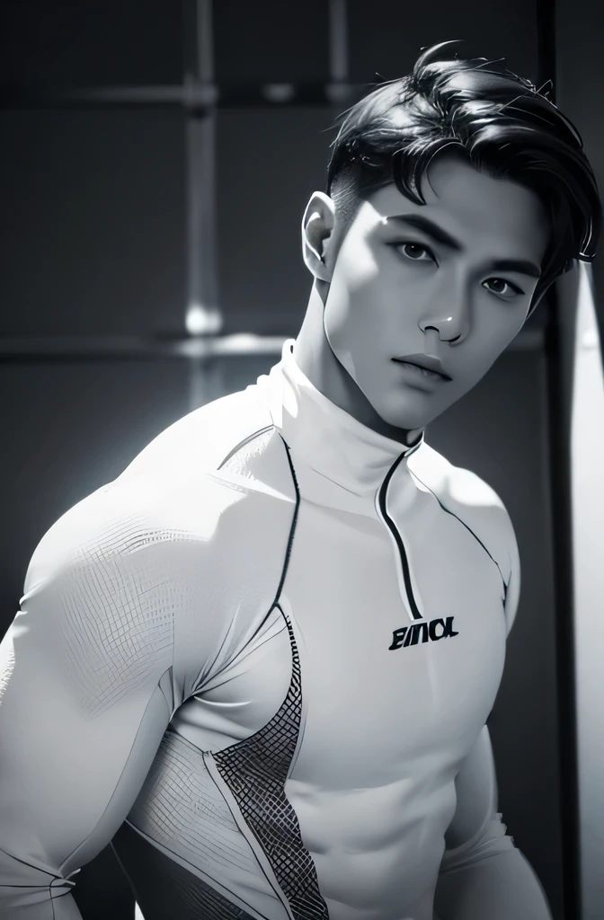 male　Handsome　Short cropped hair　looking at the camera　　White compression suit　Full body portrait　Monochrome　look up