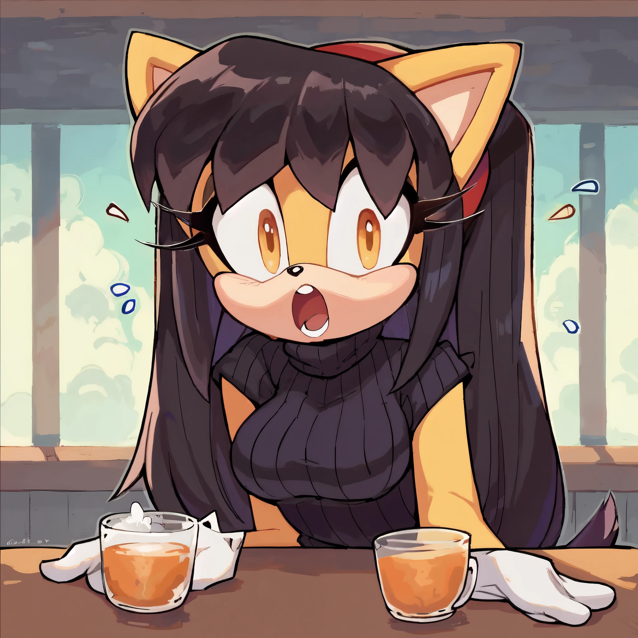 score_9, score_8_up, 2D, flat color, cafe background, looking at viewer, 1girl, very detailed, extremely detailed, honey the cat from the sonic the hedgehog series, portrait, cut off body, shocked expression, puzzled expression, sound lines, open mouth, makeup, light on the lipstick, hair down, long hair, turtleneck sweater, sitting at table, on a date, large bust, milf
