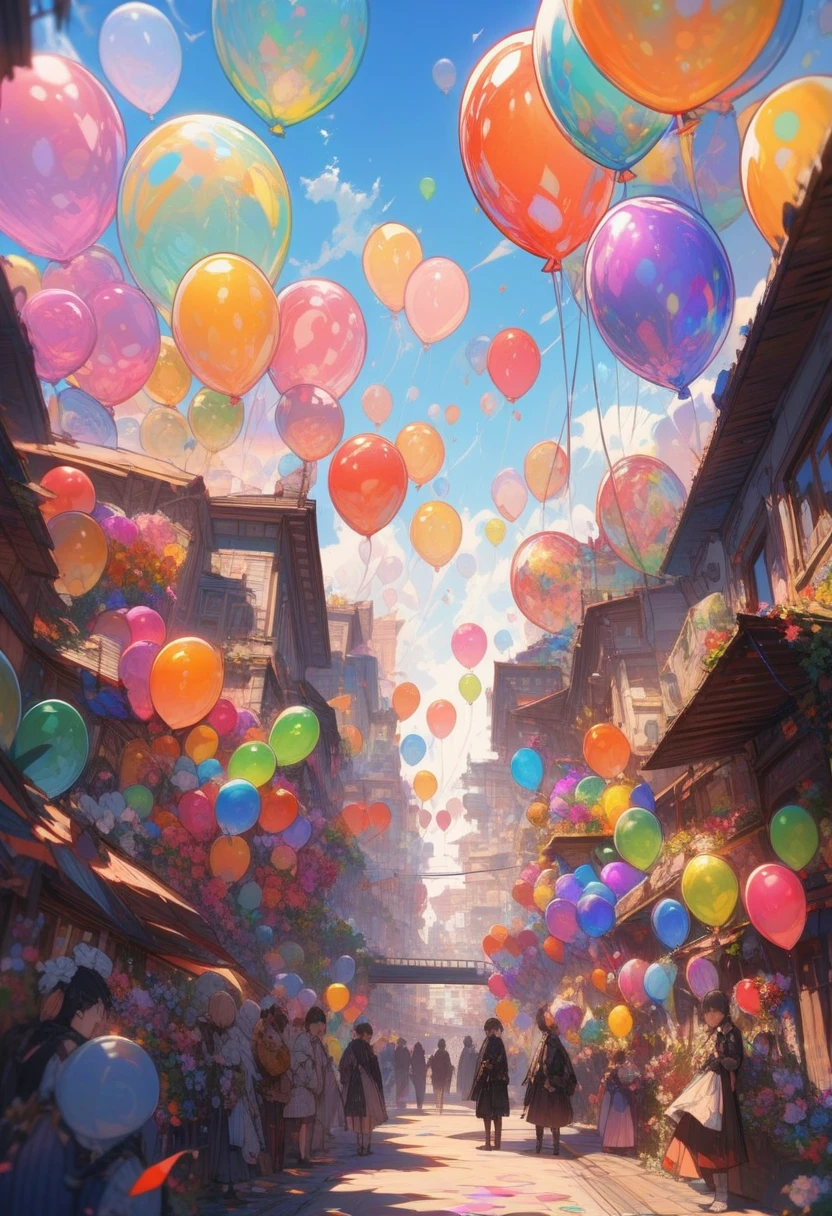 Colorful balloons flying over the city. Seen from a distance, it looks like a bouquet of flowers floating in the sky. There are countless colorful balloons floating in the sky, and the sun is shining brightly. The colorful balloons that the children have let go. (masterpiece), (best quality), (ultra detailed), expressive eyes, perfect face, unreasonable, complex and detailed, incredibly absurdres absolutely resolution, highres, texture,