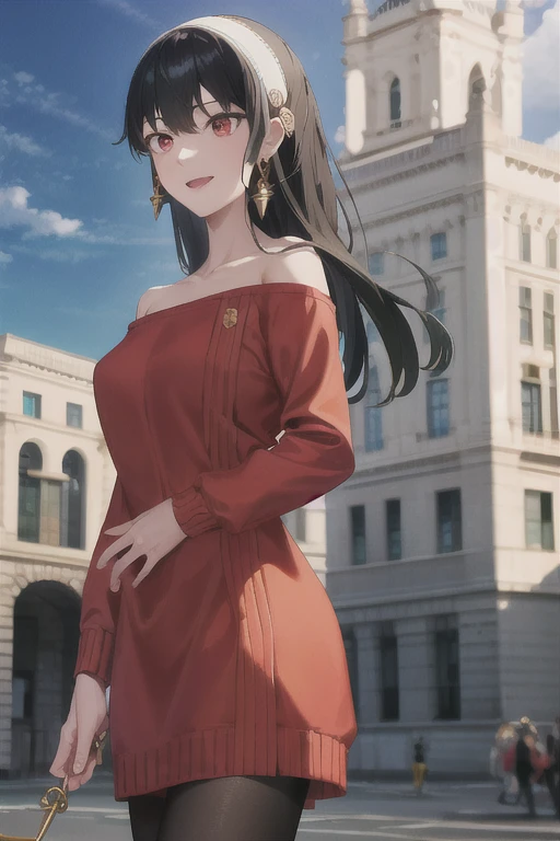 masterpiece, highest quality, High resolution, Bjolf, Long hair short hair, White hair band, Red eyes, Gold earrings, Large Breasts, jewelry, Off the shoulder, Red sweater, Sweater dress, Long sleeve, Black Pantyhose, Outdoor, Standing cowboy shot, smile,