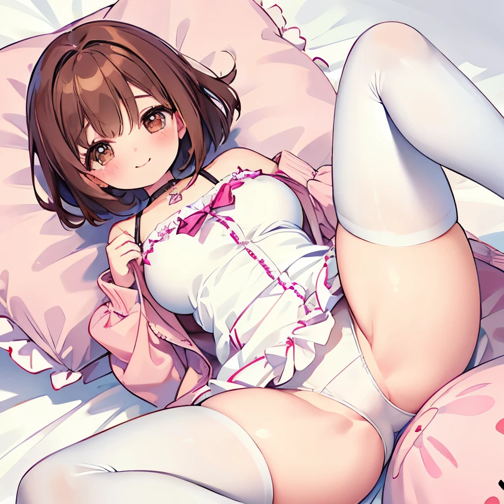 Beautiful slightly large breasts, Brown Hair, Brown eyes, Wave Shorthair, bangs, blush,  bright, smile, White ruffle dress,  Baby Face, first round, choker, Lock, ************, Enchanted, Droopy eyes, cute hair accessories,  White tights, Thick thighs, bed, Pink Cardigan, White panties, lie down, pillow, Stuffed Dog, Top view, Spread your legs,