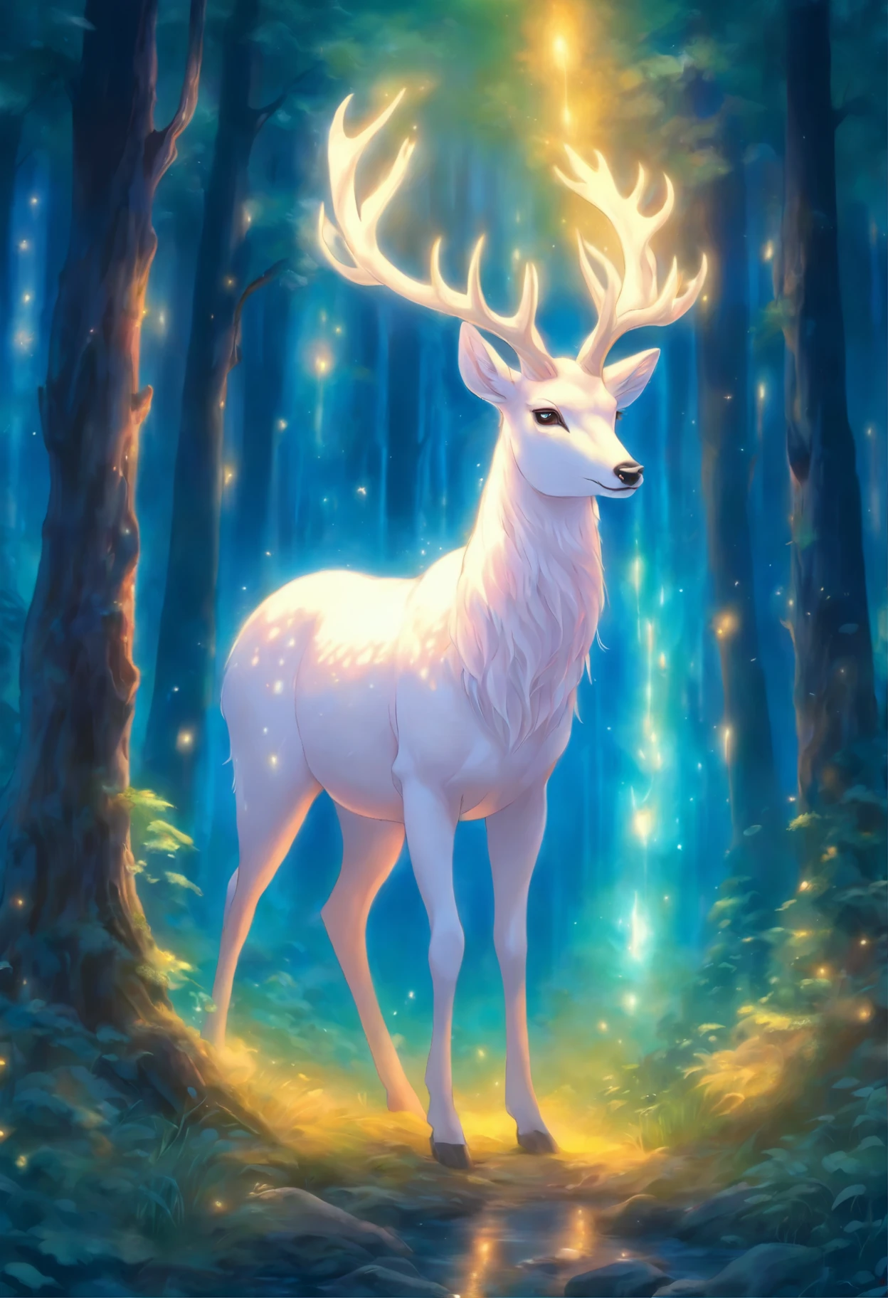 painting of a white deer in a forest with a glowing horn, mythical creature, a mythical creature, white unicorn, ethereal!!! ultra realistic, by Bridget Bate Tichenor, by Christophe Vacher, fantasy creature, mythical whimsical creatures, a unicorn, unicorn, by Alison Kinnaird, mystical oil on linen, irridescent ghostly, mythical creatures, forest spirit