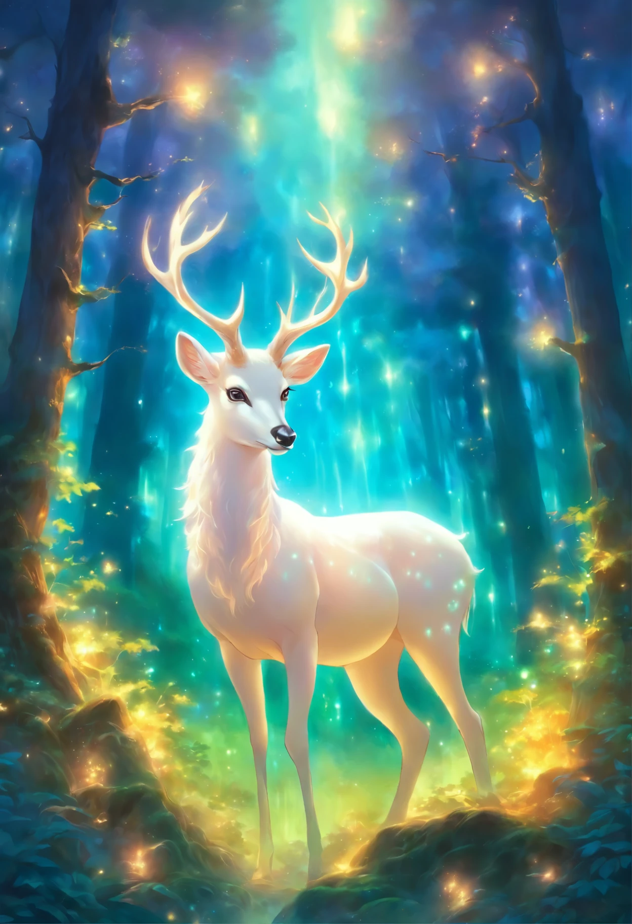 painting of a white deer in a forest with a glowing horn, mythical creature, a mythical creature, white unicorn, ethereal!!! ultra realistic, by Bridget Bate Tichenor, by Christophe Vacher, fantasy creature, mythical whimsical creatures, a unicorn, unicorn, by Alison Kinnaird, mystical oil on linen, irridescent ghostly, mythical creatures, forest spirit