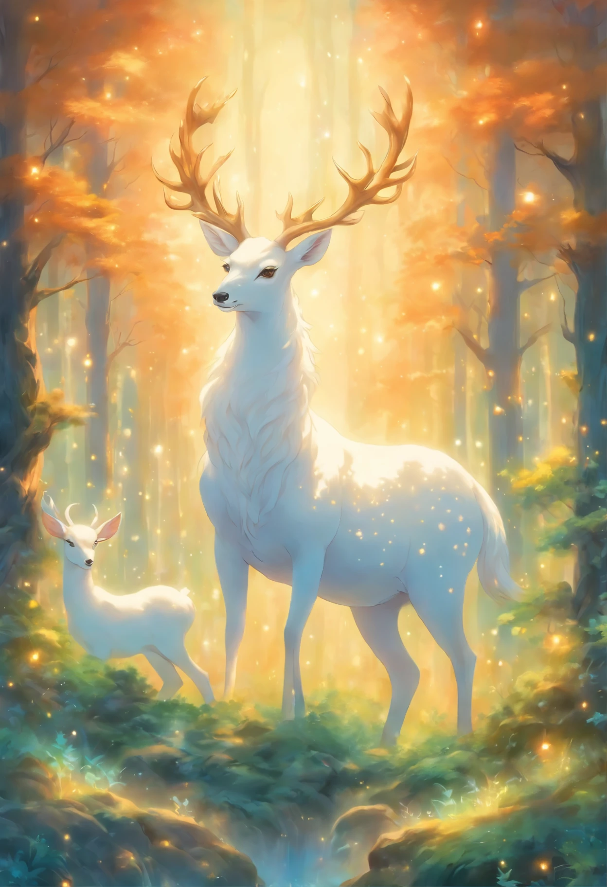 painting of a white deer in a forest with a glowing horn, an airbrush painting by Bridget Bate Tichenor, trending on cgsociety, fantasy art, mythical creature, a mythical creature, white unicorn, ethereal!!! ultra realistic, fantasy creature, mythical whimsical creatures, a unicorn, unicorn, mystical oil on linen, irridescent ghostly, mythical creatures