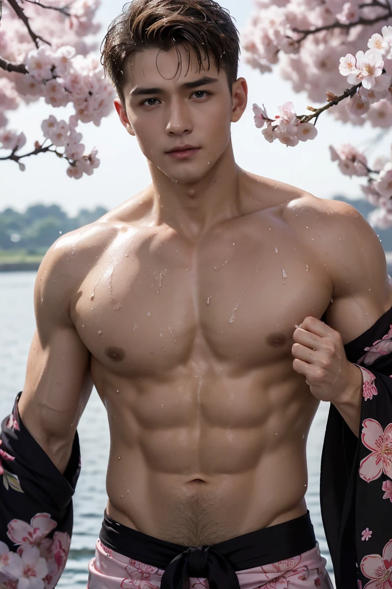 (Reality: 1.2, top quality, 8k, wet: 1.3), (man, Put your hands on your chest), 20-year-old blonde Ukrainian bodybuilder, actor, Cherry blossom pattern yukata, Black lingerie, (Sweat: 1.2), Delicate skin, (Movie Lighting, chest hair, Arm hair), Soft Light, Double eyelids, (Tempting), (((excited))