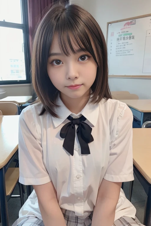 Tabletop, highest quality, 8k, 15 year old, Small breasts、((Big eyes))、RAW Photos, Absurd, Award-winning portraits, smile, alone, Daytime, Idol's face, Delicate girl, Upper Body, Digital single-lens reflex camera, Looking at the audience, Frank, Sophisticated, Thin arms, Soft rays of light、Professional Lighting,  chromatic aberration, (Eye and facial details:1.0), ((Browsing Caution:1.7、Realistic))、1 girl, ((Girls' school uniform)), Looking at the audience, Young Face、A satisfied look, (( Spread your  your crotch)),Show me your breasts、classroom、Exposing breasts、Small 