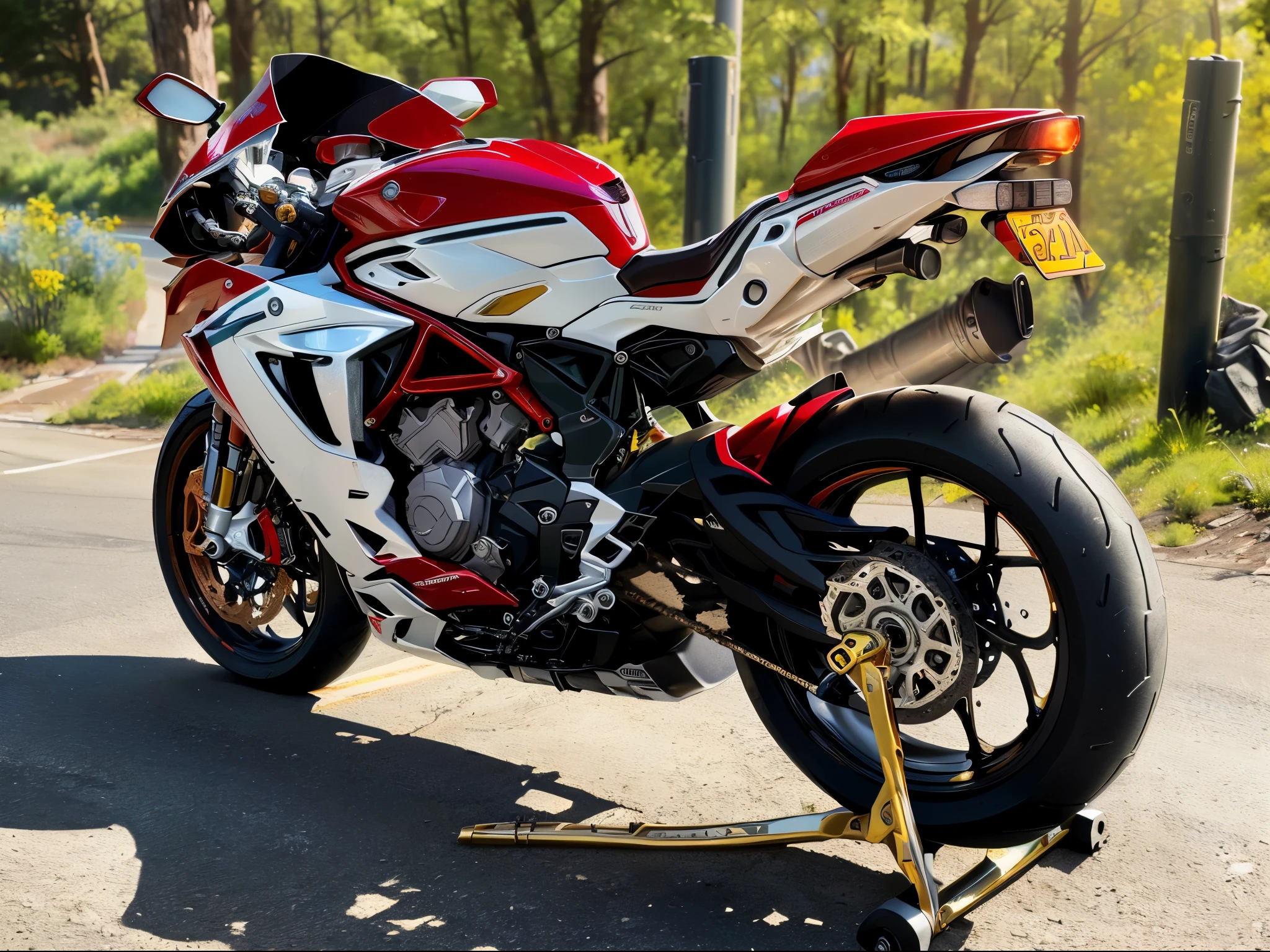 MV Agusta F3 675 RC motorcycle there is a color red and white parked on the side of the road, 8 k highly detailed ❤🔥 🔥 💀 🤖 🚀, yoshimura exhaust, !!highly detailed!!, contest winning masterpiece, italian masterpiece, hyper detailed!!, 🚿🗝📝, highly detailed!, 35840k film,