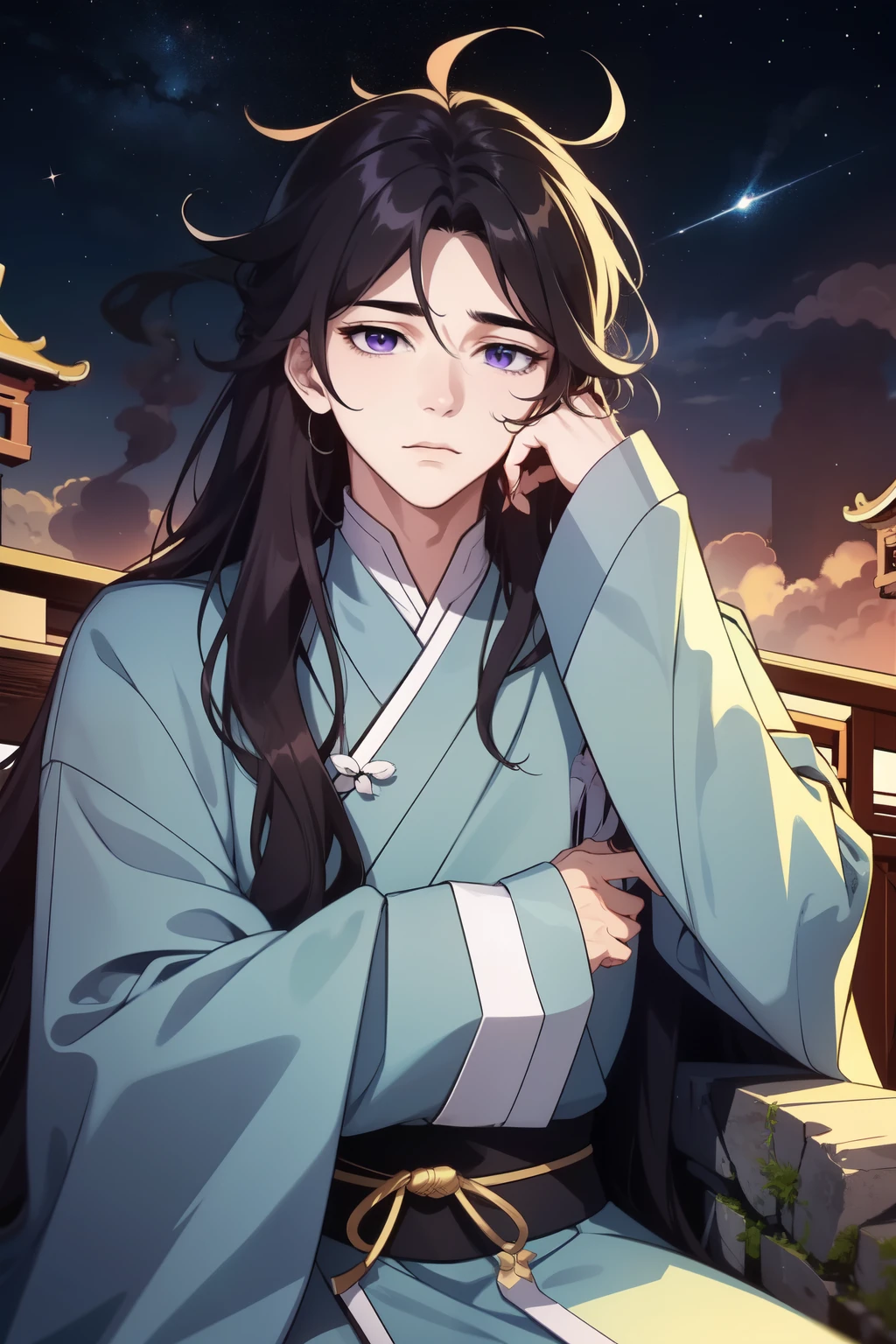 masterpiece, best quality, highres, semi-realistic, male focus, 1boy, black hair, absurdly long hair, lush hair, messy hair, purple eyes, looking at the viewer, annoyed, resting on a rock, wearing a wide sleeved ancient intricate chinese clothes, chinese architecture background, solo, night, stars, galaxy, auspicuous cloud, auspicuous smoke, 