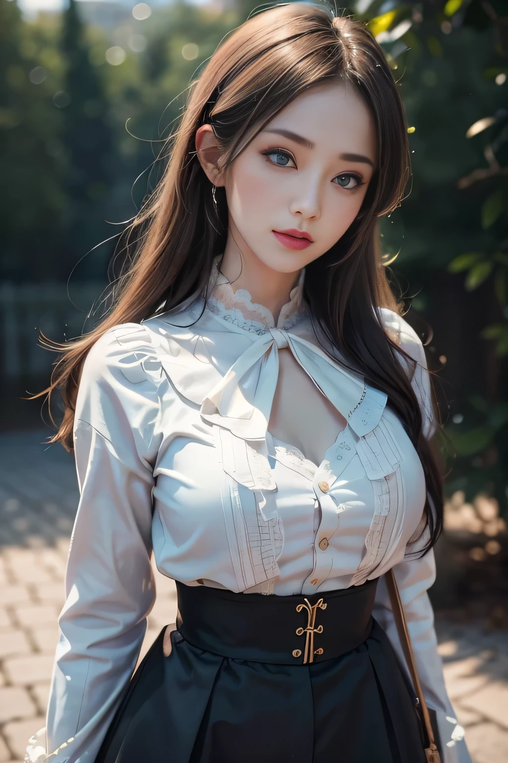 black hair, hair bobbles, wince, longeyelashes, solid circle eyes, light smile, ear blush, fang, Surrealism, drop shadow, anaglyph, stereogram, tachi-e, pov, atmospheric perspective, 8k, super detail, ccurate, best quality,(8k, best quality, masterpiece:1.2), (Practical, Photo-realistic:1.37), Practical fingers, Super detailed, Details refer to, Detailed portrait of 1 21-year-old girl, Cool outfit, beautiful girl, English girl, Pale skin, Perfect body, nice abs, blue eyes, blond. Professional lighting is used on site, Photon Mapping, and radiance, Tetsuya Yonenomura. Blur bokeh effect, Practical light.