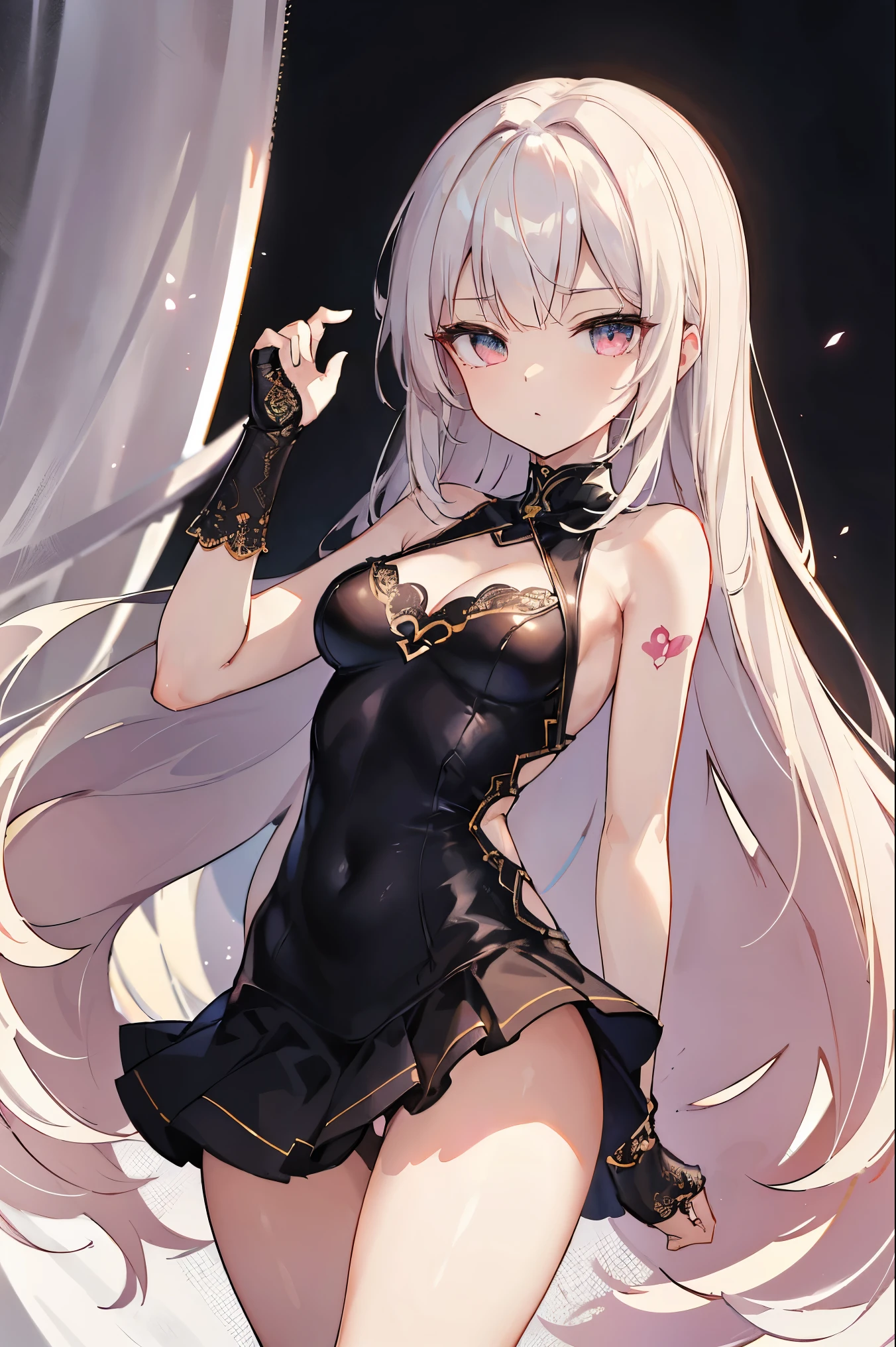 1girl, anime, cute girl, blank background, white background, fantasy, detailed fantasy dress with highlights, beautiful face, beautiful eyes, dark colors, black hair with multicolor streaks, red eye with different color pupil in eye, multicolor eye, medium breasts, slight cleavage, beautiful skin, cute, breast curtains, extremely delicate and beautiful, (beautiful detailed face:1.0), (detailed deep eyes), symmetrical breasts, deep eyes, shiny skin, portrait, slender waist, hips wider than shoulders, thighs, expressionless, young girl, luminous eyes, adorable,(Kpop idol),(aegyo sal:1),(Platinum blonde hair:1),((puffy eye)),Black panty,sexy posture,Superskirt, Ultra-high resolution,Black collar,slim figure, Abdominal y tattoo, womb tattoo,Tight-fitting leg ring,y tattoo on half-body,Bare skin, Armored hand,Hidden fingertips,Hand covered,Arm covered,Fist covered,{{beautiful detailed fingers}}, tufts of hair, moderate beautiful breast:1.0,(masterpiece:1.2), best quality, high-res, HDR, perfect face, intricate armor, delicate blue filigree, intricate filigree, red metalic parts, detailed part, dynamic pose, dynamic lights, cute face, neutral expression