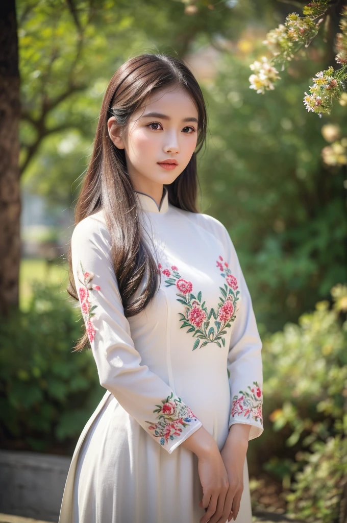 (best quality,4k,8k,highres,masterpiece:1.2),ultra-detailed,realistic,close-up portrait,Asian girl, delicate embroidery Vietnamese Ao Dai,hands in front of belly, ancient street,beautiful detailed hair,lively colors,graceful pose,elegant atmosphere,vibrant flowers,soft sunlight,nostalgic vibes,sunlit cobblestones,ancient architecture.