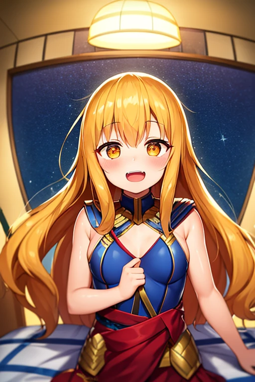 ((highest quality)), ((masterpiece)), (be familiar with), Perfect Face, indoor, Bedroom, Watching the audience,
One woman, Thor,
Open Mouth, Ecstatic expression, blush, smile,
Small breasts, Flat Chest, Young Girl, , , Girl,
Long Hair, Golden Hair, Orange eyes, Long Hair,
Leg spread,