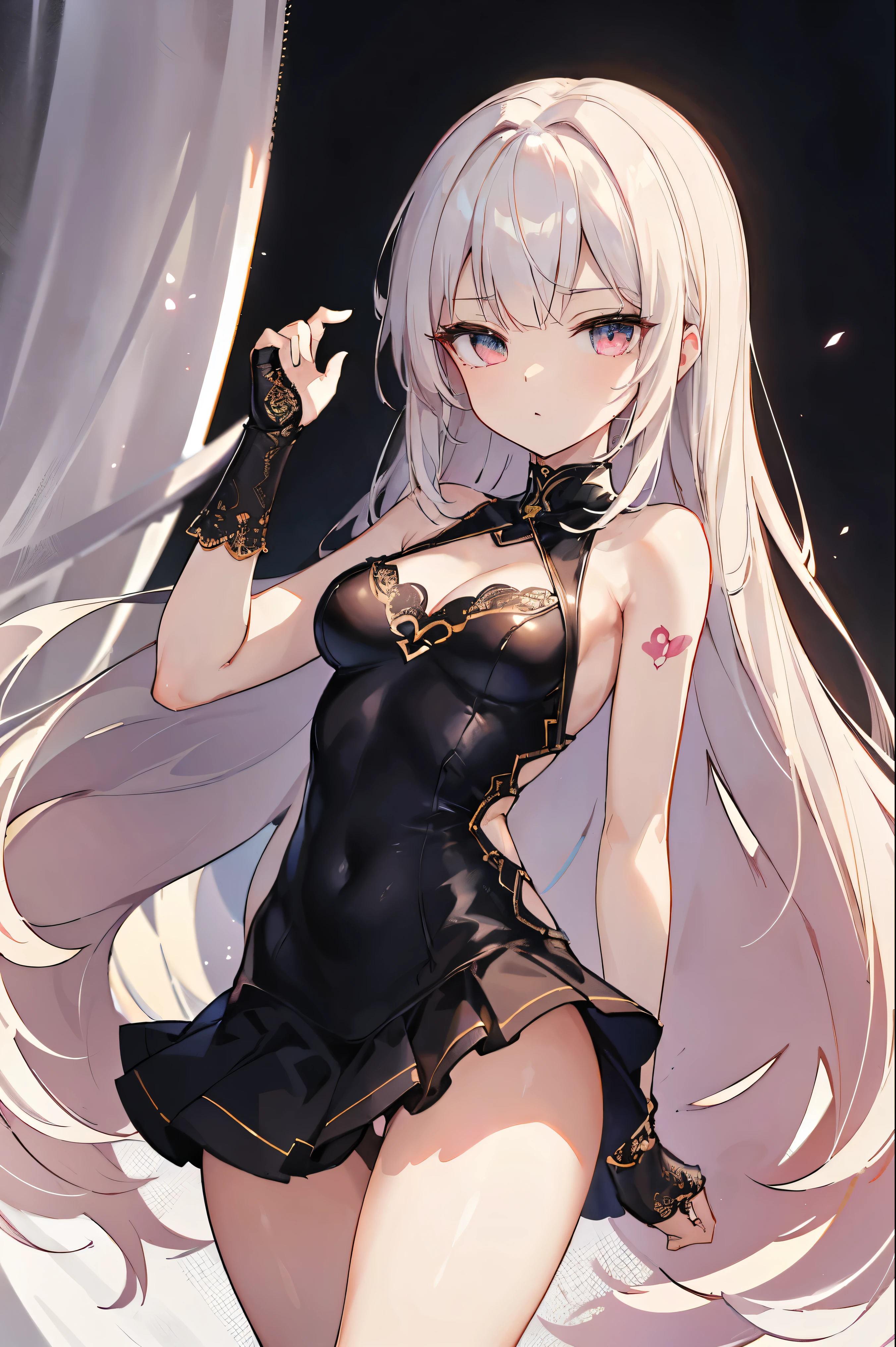 1girl, anime, cute girl, blank background, white background, fantasy, detailed fantasy dress with highlights, beautiful face, beautiful eyes, dark colors, black hair with multicolor streaks, red eye with different color pupil in eye, multicolor eye, medium breasts, slight cleavage, beautiful skin, cute, breast curtains, extremely delicate and beautiful, (beautiful detailed face:1.0), (detailed deep eyes), symmetrical breasts, deep eyes, shiny skin, portrait, slender waist, hips wider than shoulders, thighs, expressionless, young girl, luminous eyes, adorable,(Kpop idol),(aegyo sal:1),(Platinum blonde hair:1),((puffy eye)),Black panty,sexy posture,Superskirt, Ultra-high resolution,Black collar,slim figure, Abdominal y tattoo, womb tattoo,Tight-fitting leg ring,y tattoo on half-body,Bare skin, Armored hand,Hidden fingertips,Hand covered,Arm covered,Fist covered,{{beautiful detailed fingers}}, tufts of hair, moderate beautiful breast:1.0,(masterpiece:1.2), best quality, high-res, HDR, perfect face, intricate armor, delicate blue filigree, intricate filigree, red metalic parts, detailed part, dynamic pose, dynamic lights, cute face, neutral expression