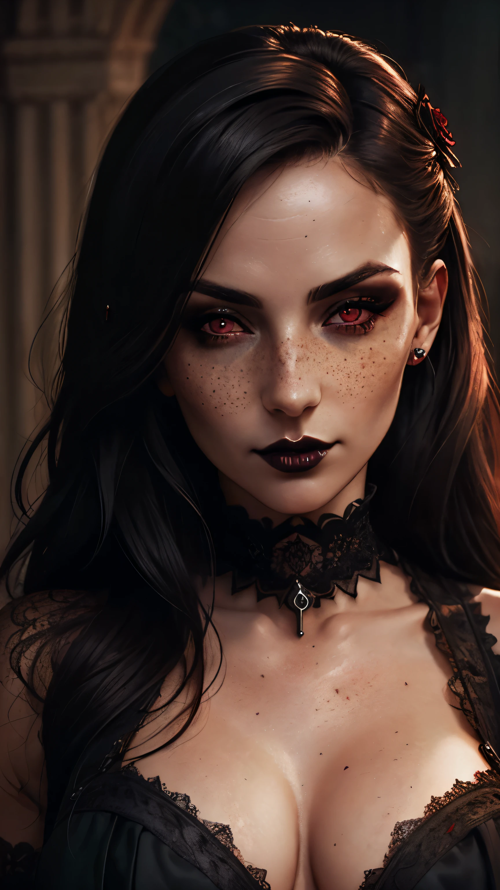 (best quality, hyperdetailed photography:1.2), beautiful lady, freckles, gothic dark makeup, soft light, perfect breast, cover, (detailed beautiful face, detail skin texture, ultra-detailed body:1.1) sexy vampire girl, red eyes, perfect body, skull, blood