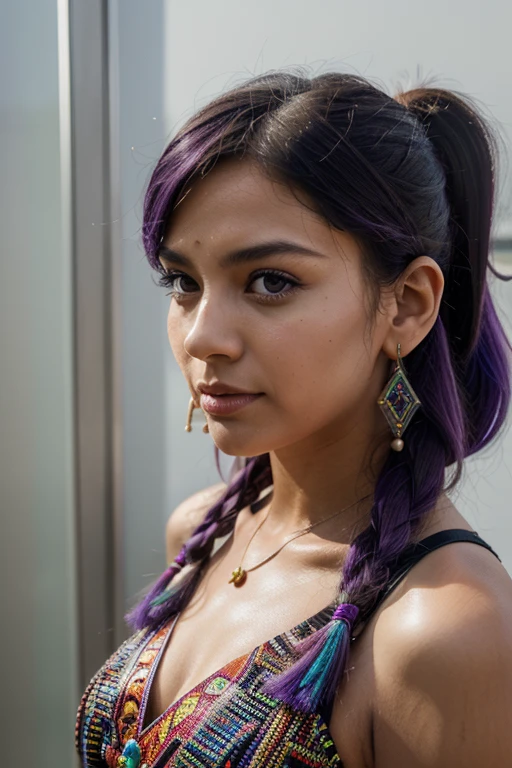 (absurdres, highres, ultra detailed), (1girl:1.3), twintails, purple hair, BREAK , glitch art, digital distortion, pixelated fragments, data corruption, colorful noise, visual chaos, contemporary aesthetics BREAK , enamel art, glass-like surface, vibrant colors, glossy finish, reflective textures, rich pigments, fluid forms BREAK , ethnic style, traditional clothing, vibrant patterns, handmade textiles, cultural motifs, beaded jewelry, artisanal accessories