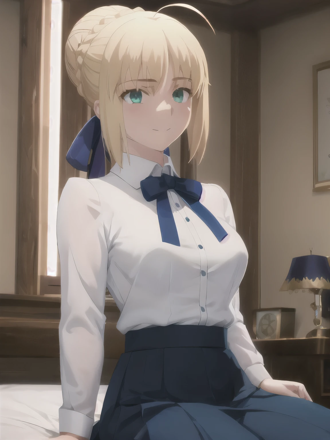 best quality, masterpiece, highres, ray_tracing_graphic, solo, {saber_fatestaynightufotable:1.15}, blonde_hair, ahoge, green_eyes, blue_ribbon, 1girl, anime_coloring, hair_bun, shirt, upper_body, happy, little_smile, blush, white_shirt, blue_skirt, big_breasts, from_the_front, sit, bedroom,