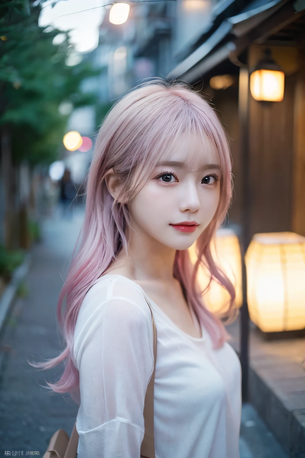 (highest quality,masterpiece:1.3,超A high resolution,),(Very detailed,Caustics),(Realistic:1.4,RAW shooting,)Ultra-Realistic Capture,Very detailed,High resolution 16K suitable for human skin、 Natural skin texture、、Skin tone is even and healthy looking、 Use natural light and color,One Woman,Japanese,,cute,pink,Middle Hair,(Written boundary depth、chromatic aberration、、Wide range of lighting、Natural Shading、)、(Outdoor lighting at night:1.4)、(Hair swaying in the wind:1)、(Exposure:3.0)、Sheer white shirt