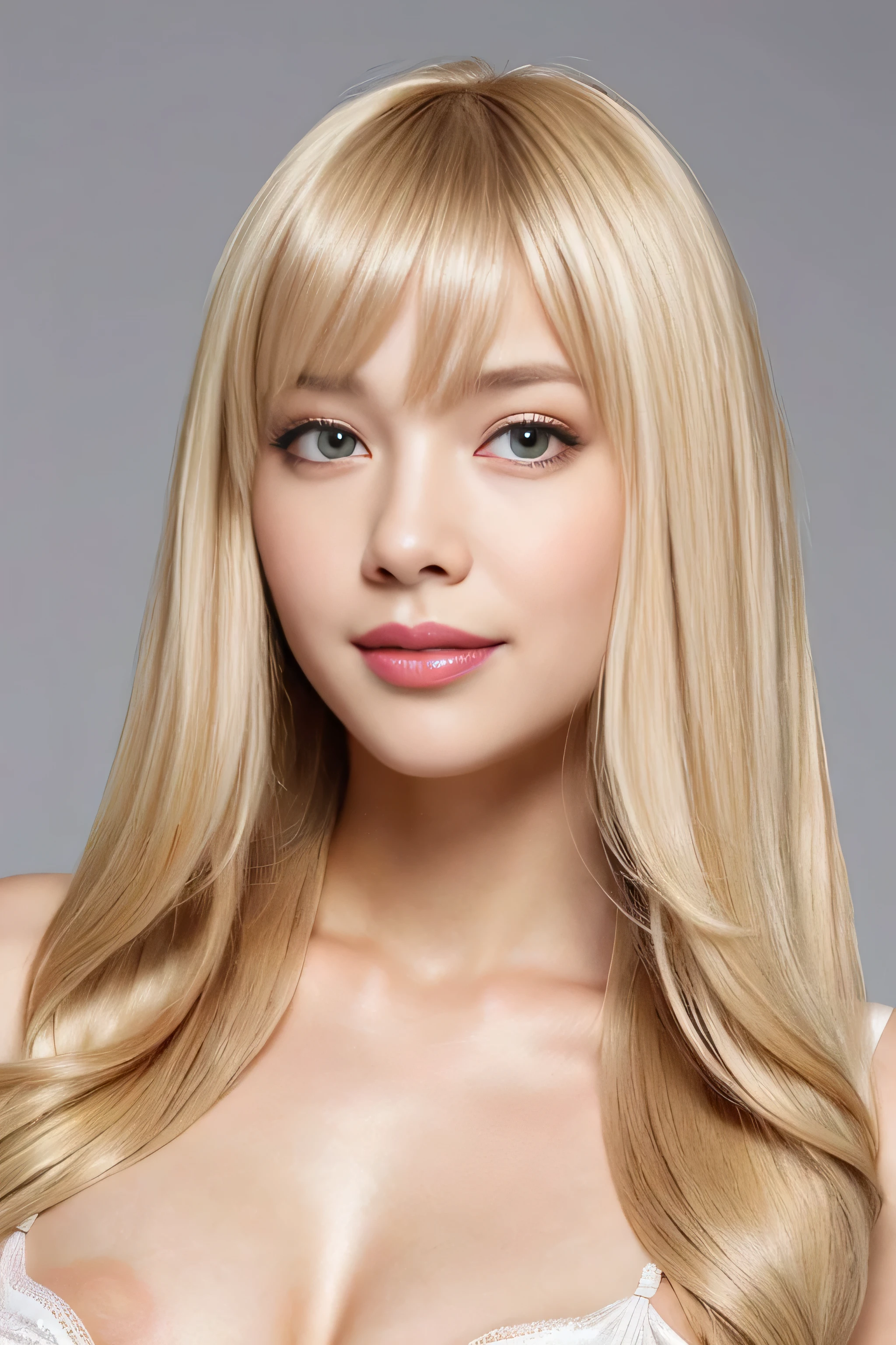 (Woman close up'Face) ((highest quality)) ((masterpiece)) (detailed) (Get used to it) Perfect Face ((She seen from above)) (Look at the viewer and smile) ((Big Breasts:1.4)) (White Lingerie), Beautiful Fantasy Girl (She is 20 years old、The most beautiful woman in France) (length blonde hair length, shining golden hair,Golden silky hair, Straight blonde hair, length blonde straight hair, Perfect silky straight hair, Straight blonde hair, length blonde hair, Her hair is long and straight, detailed length blonde hair) ((Neat bangs The neatly trimmed bangs are princess cut and cover the entire forehead..)) good, Anatomically correct hand Thin fingers Anatomically correct five fingers (Sexy professional makeup Lipstick is light red Brown eyebrows) Girl Face, Characteristics of French Faces Anatomically correct、Beautiful white human skin and detailed hands and fingers Beautiful Eyes Mouth detailed the corners of the mouth rise slightly (Thin lips) Cool look