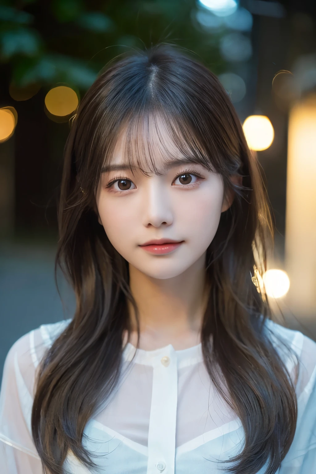 (highest quality,masterpiece:1.3,超A high resolution,),(Very detailed,Caustics),(Realistic:1.4,RAW shooting,)Ultra-Realistic Capture,Very detailed,High resolution 16K suitable for human skin、 Natural skin texture、、Skin tone is even and healthy looking、 Use natural light and color,One Woman,Japanese,,cute,Middle Hair,(Written boundary depth、chromatic aberration、、Wide range of lighting、Natural Shading、)、(Outdoor lighting at night:1.4)、(Hair swaying in the wind:1)、（Exposure:3.0）、Sheer white shirt