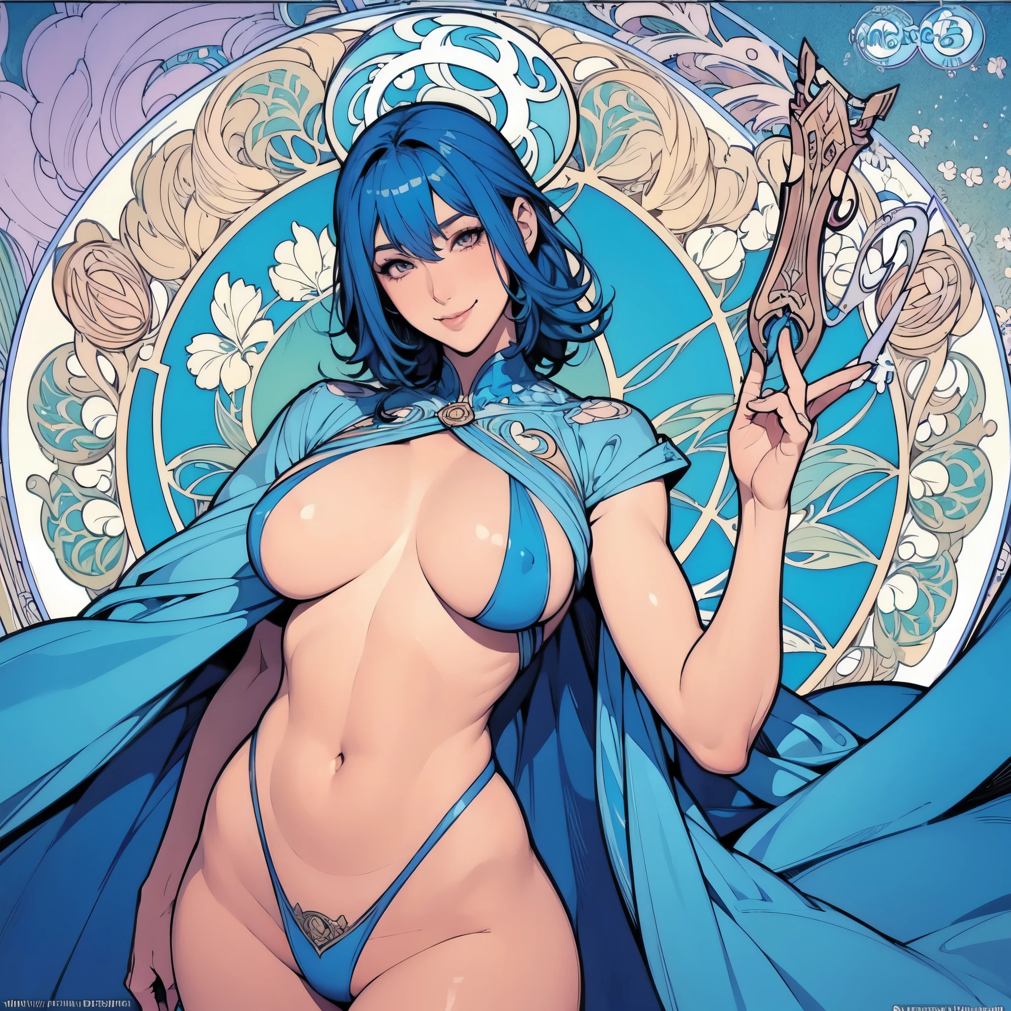 ((Mucha's style)),(vulgar),Big-breasted Woman Warrior,Sexy poses,vulgar smile,blue haired,muscular woman