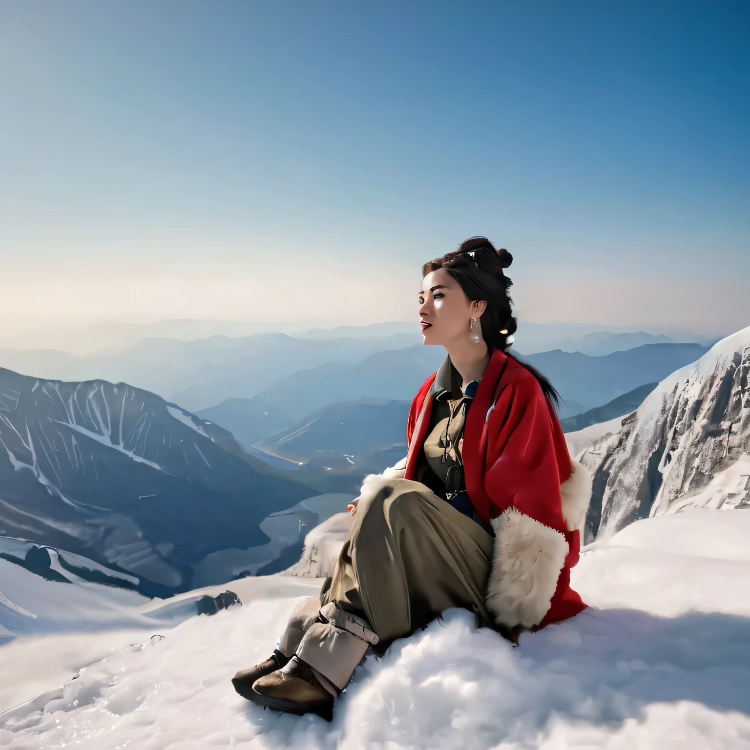 certain, This is how a scene with a young woman sitting, in a mountainering outfit is described on the top of snow mountain, wide scene, looking into the distance