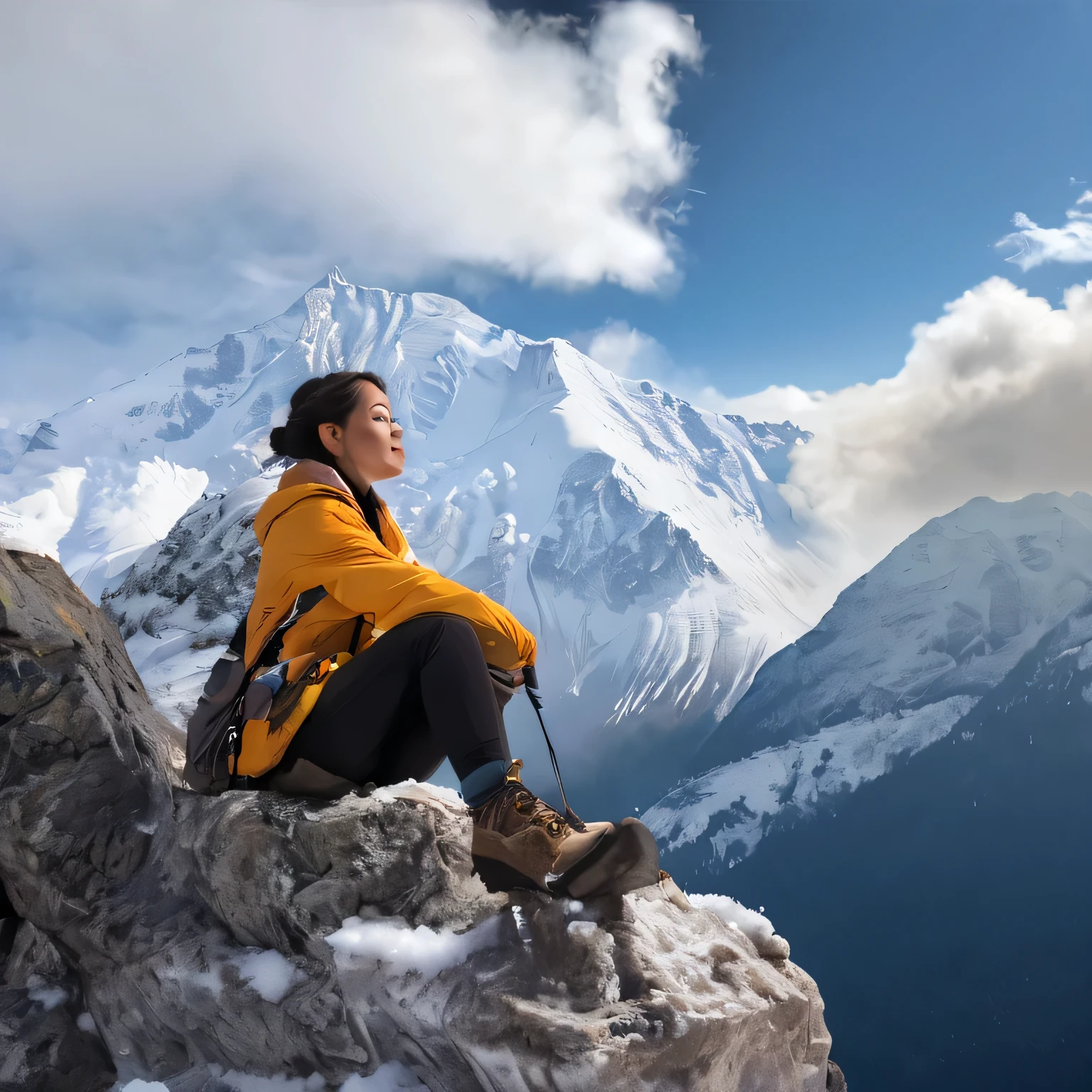 certain, This is how a scene with a mountain climber woman, sitting on rock, in a mountainering to the top of snow mountain, wide scene, looking into the distance