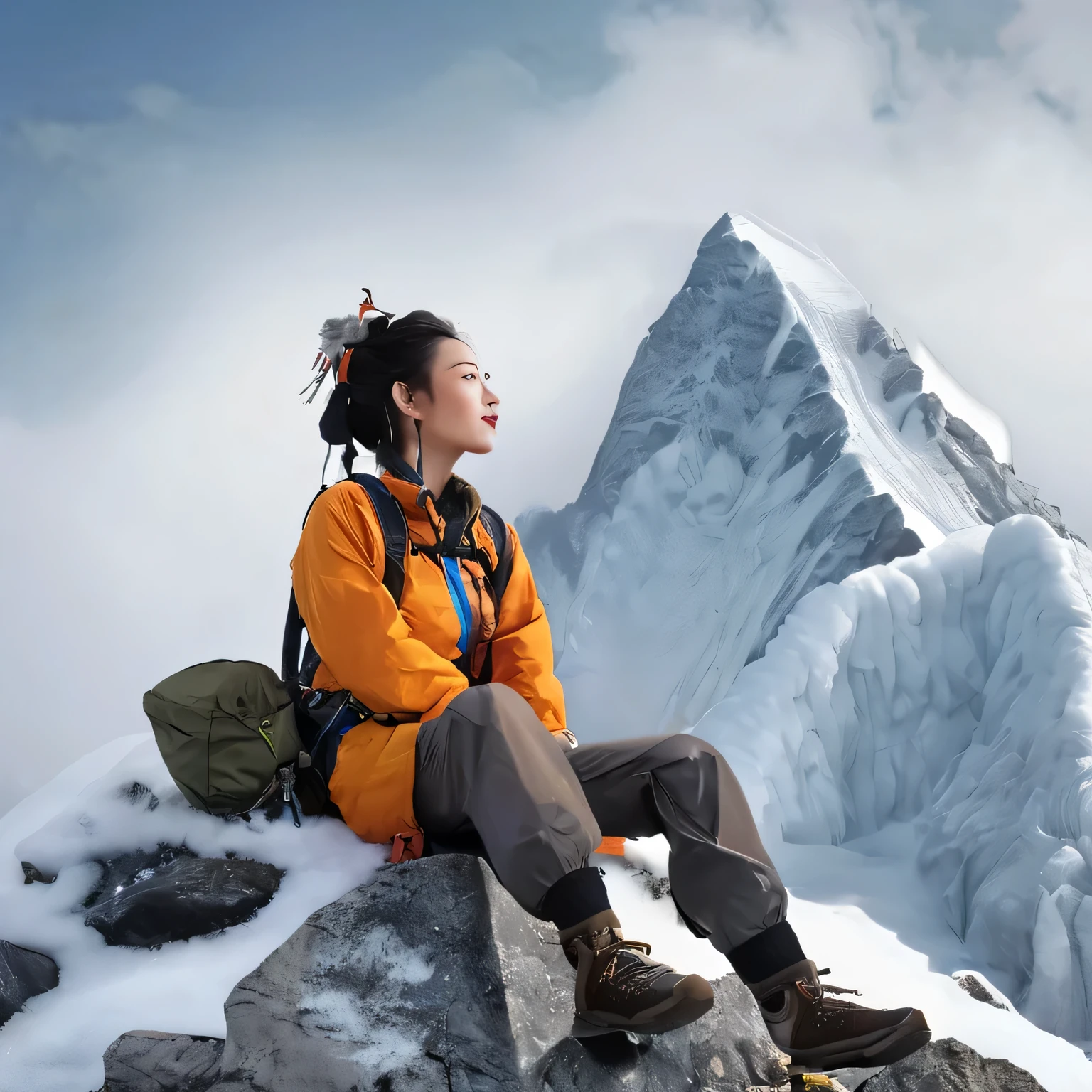 a woman with mountain climbing outfit, sitting on rock and looking into the distance, on the way to the top of snow mountain, wide scene, 