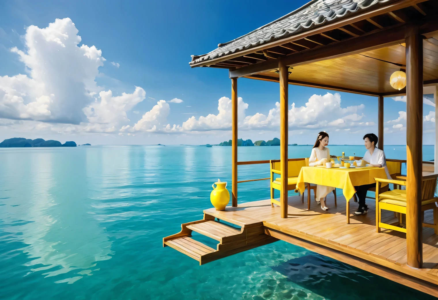 Floating House, big and beautiful, fabulous, the house floats on the sea waves of azure water, beautiful view around, white clouds, yellow sun, on the veranda of the house a girl and a boy are sitting at a table and drinking tea, high quality, high resolution, masterwork, masterpiece, clear, 32k