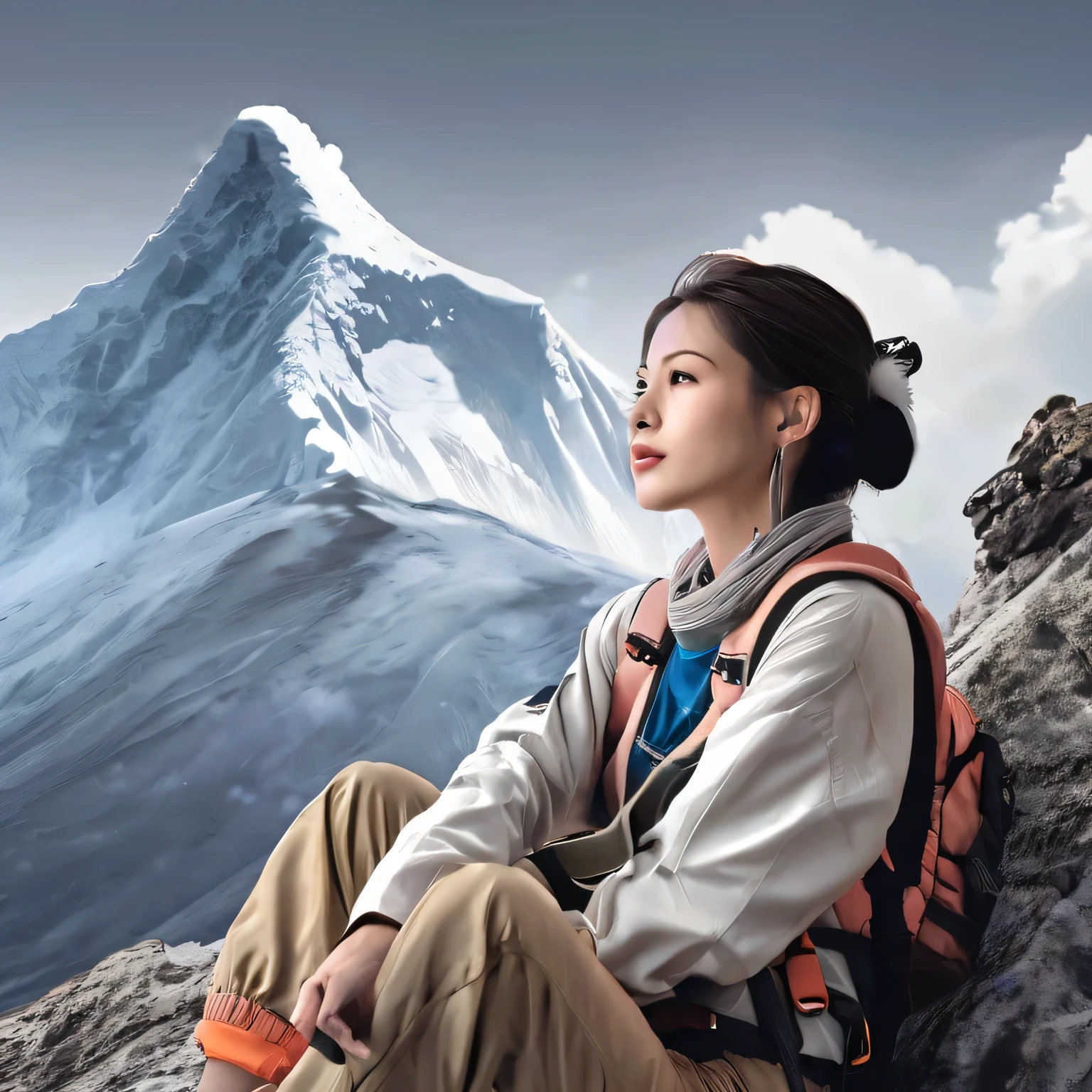 a woman with mountain climbing outfit, sitting on rock and looking into the distance, on the way to the top of snow mountain, wide scene, 