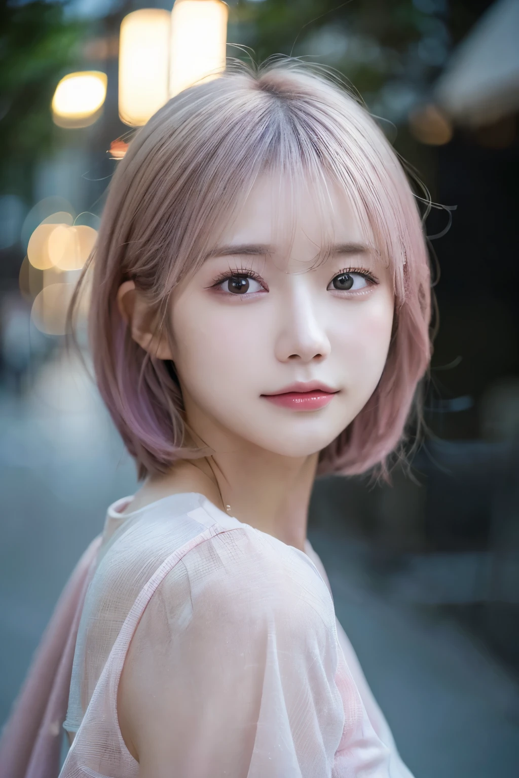 (highest quality,masterpiece:1.3,超A high resolution,),(Very detailed,Caustics),(Realistic:1.4,RAW shooting,)Ultra-Realistic Capture,Very detailed,High resolution 16K suitable for human skin、 Natural skin texture、、Skin tone is even and healthy looking、 Use natural light and color,One Woman,Japanese,,cute,pink,Middle Hair,(Written boundary depth、chromatic aberration、、Wide range of lighting、Natural Shading、)、(Outdoor lighting at night:1.4)、(Hair swaying in the wind:1)、short hair、(Exposure:3.0)、Sheer white shirt