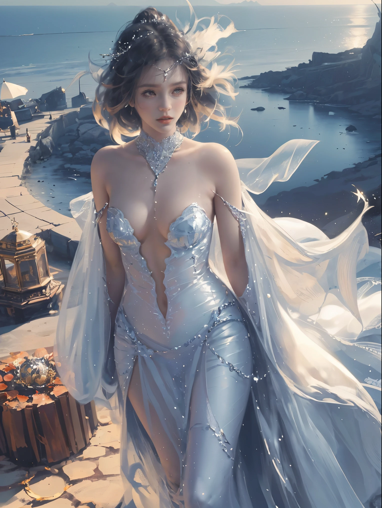 (Practical, Photo-realistic:1.37), (masterpiece, best quality:1.2), (Ultra-high resolution:1.2), (original photo:1.2), (Clear focus:1.3), (Face focus:1.2), (Extremely detailed CG Unity 8K wallpaper:1.2), (beautiful skin: 1.2), (Pale skin:1.3), (Super sharp focus: 1.5), (Super sharp focus:1.5), (Beautiful clean face:1.3), (Ultra detailed background, Detailed background:1.3), Bokeh, Depth of Field, rest, Very cute and beautiful Japanese women pictures, (bride), business attire, (22 years old:1.1), Smiling girl portrait, Whole body image, From the front, Symmetrical composition, (Studio Lighting:1.3), (Movie Lighting:1.3), (The rear window lighting is backlit:1.3), (Surface light:1.3), The light enveloped her entire body, Looking straight at you, permanent, Sexy model pose, rest, (Chestnut half-tied hair:1.2), Dark brown eyes, beautiful eyes, Princess Eyes, Mahogany hair, Single hair, Bangs, slim, Abdominal muscles, (Huge breasts;1.35), (Willow Waist:1.15), (Detail of beautiful girl:1.4), (Pure white elegant and gorgeous lace silk wedding dress:1.3), (BaliSea view背景:1.2), (Smile, hapiness:1.3), ((Perfect female body)), (Upper body image:1.3), Frame the head, perfect dramatic, Volumetric Lighting, Professional majestic oil painting, Glowing skin, CT anatomy, Perfect proportions, 8.5 Really small, Face focus, Ultra Practical Photo, super clear image, Ultra-detailed images, Bali, Sea view, beach, external, ((walking beach:1.2)),
