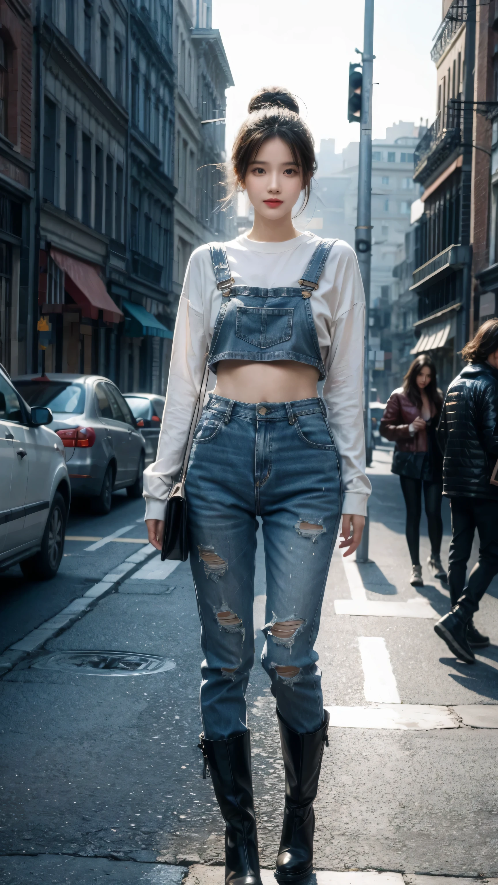 Sandu Art; Half-length portrait of beautiful woman in crop top and overalls winning award, Military boots, Standing on the street and smiling lightly, Paint splash, Hair tied in a bun, Splash, outrun, Auto parts, The art of math, Popular on artstation, Very detailed, Fine details, Jeremy Mann's complex work, Matthews Merriam Sr., Pino Deheny, Robert Rauschenberg, by Beksinski