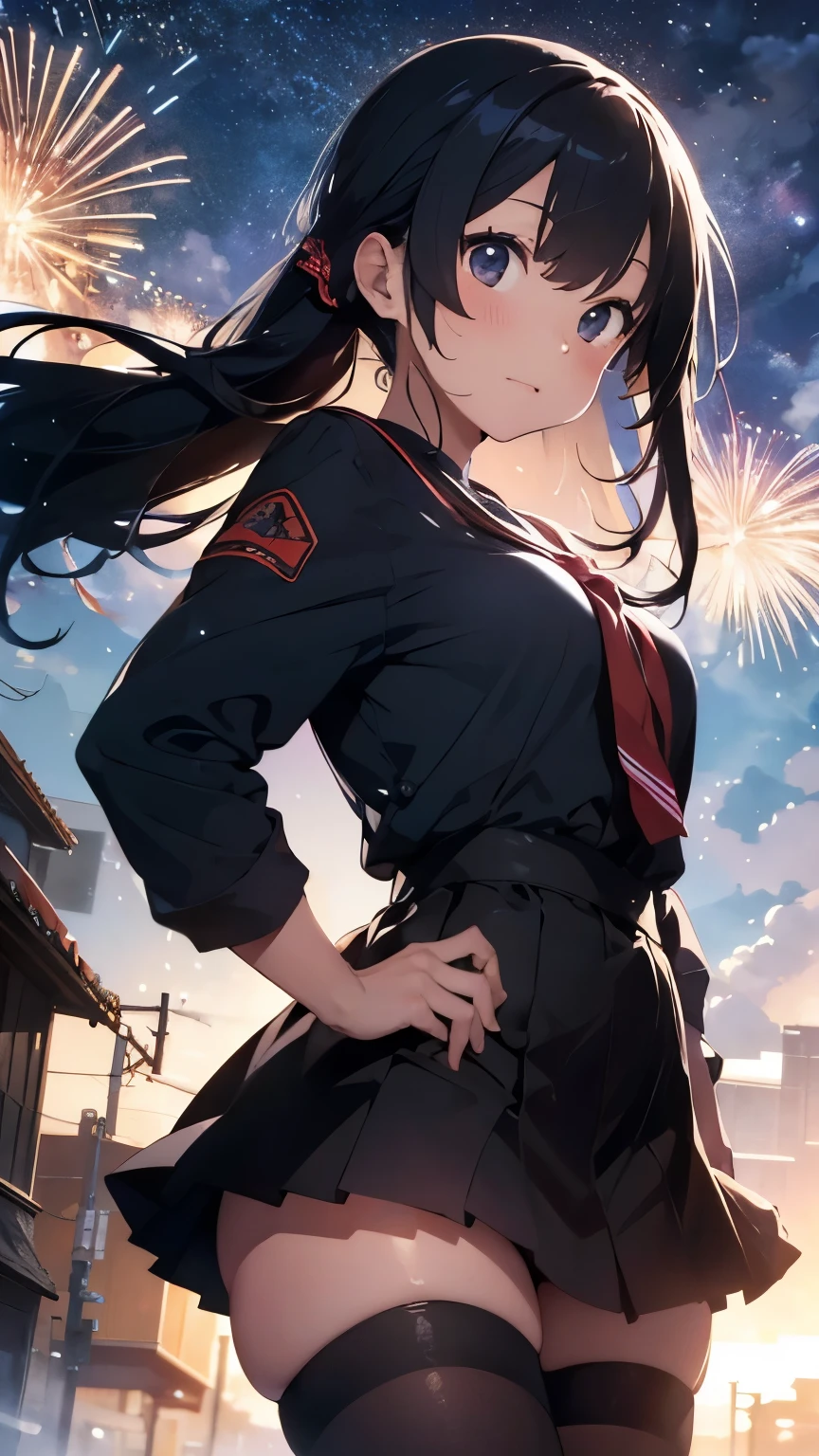 Naoyuki Kato, Peter Andrew Jones, Surreal, mysterious, bizarre, fantastical, fantasy, sci-fi, Japanese anime, miniskirt beautiful high school girl riding rocket fireworks, perfect voluminous body, aiming for the starry sky, detailed masterpiece low high angles Hyper realistic sharp focus depth of field cinematic lighting coquettish shy seducing blushing excited skin glistening real