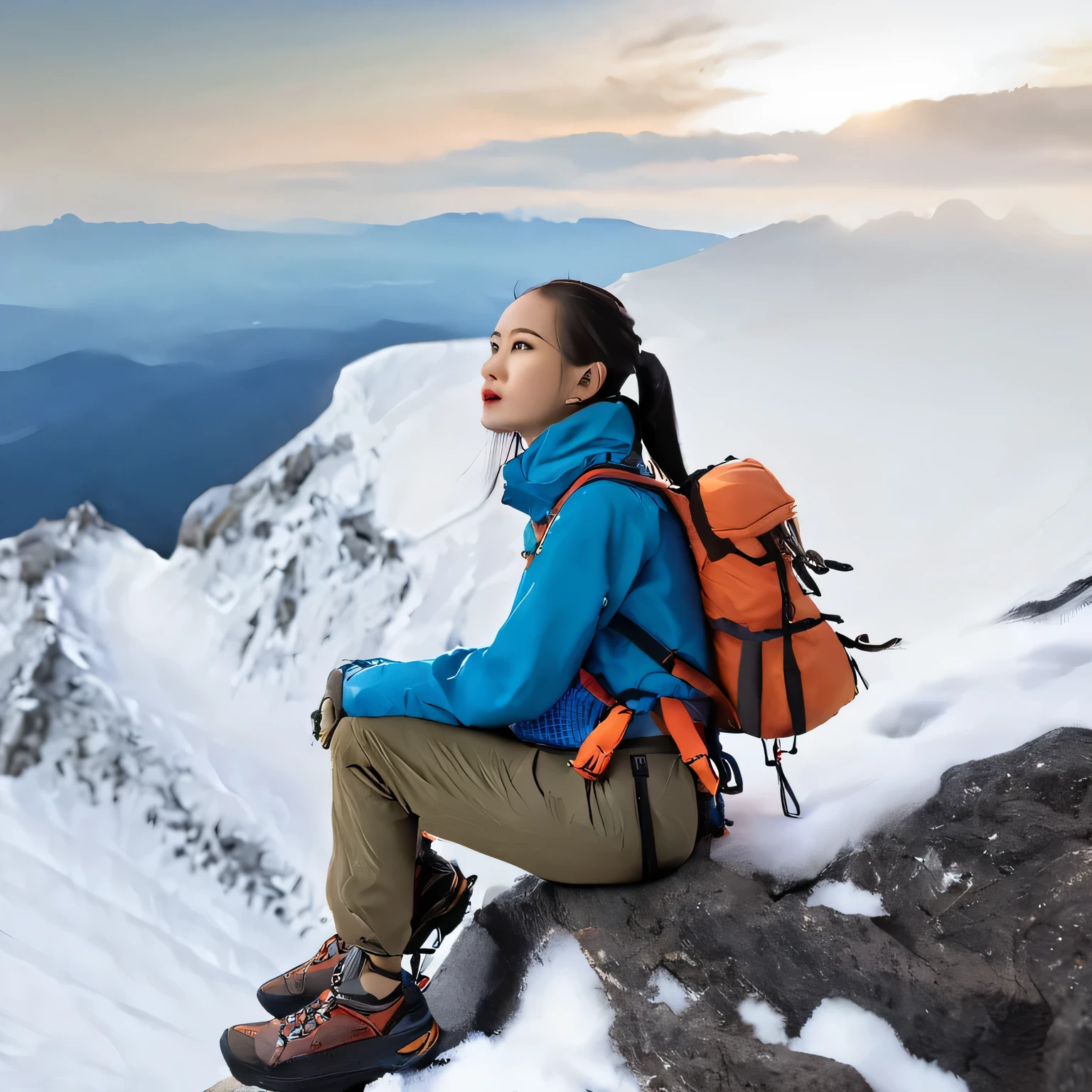 a woman with mountain climbing outfit, sitting on rock and looking into the distance, on the way to the top of snow mountain, wide view,,