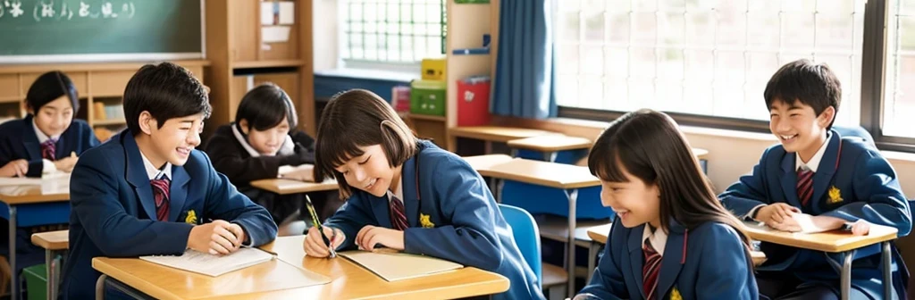School life for upper elementary school students、Conversation with friends in the classroom、Fun times、boy、girl、A total of 5 people