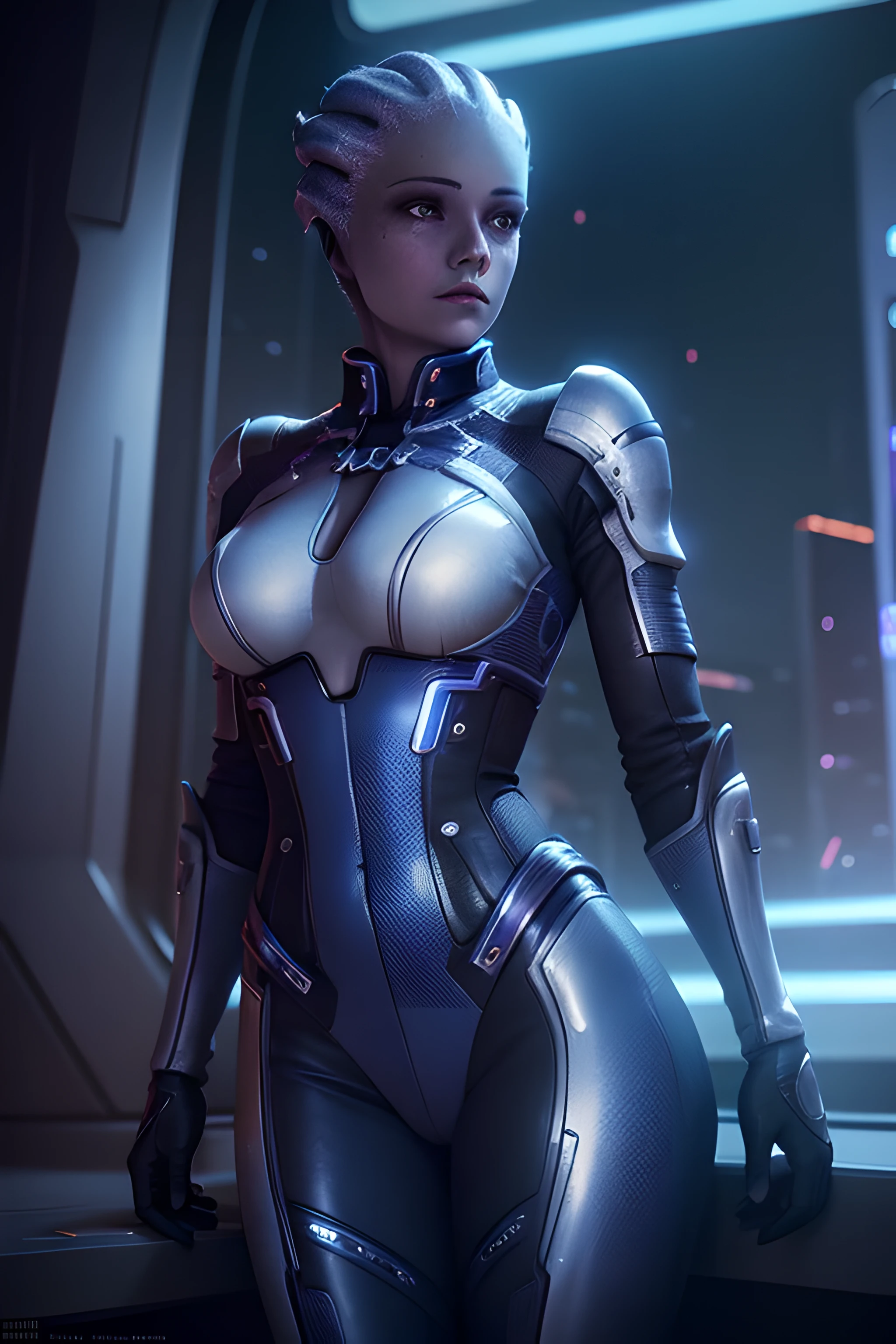 liara, asari, woman wearing futuristic suit in spaceship, facing camera, 24mm, 4k textures, soft cinematic light, adobe lightroom, photolab, hdr, intricate, elegant, highly detailed, sharp focus, ((((cinematic look)))), soothing tones, insane details, intricate details, hyperdetailed, low contrast, soft cinematic light, dim colors, exposure blend, hdr, faded, 