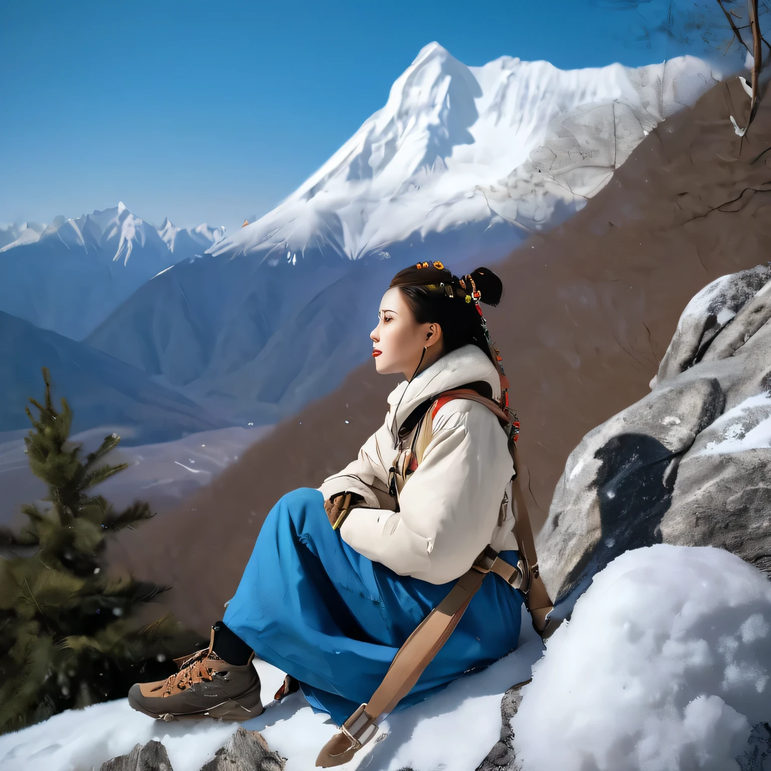 a woman with mountain climbing outfit, sitting on rock and looking into the distance, on the way to the top of snow mountain, wide scene,