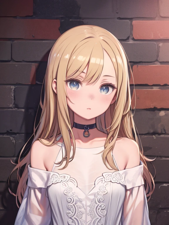 Ultra-realistic 8K CG, masterpiece, ((Highly detailed background, Delicate pattern, Intricate details)), highest quality, Intricate detailss, chromatic aberration, One girl, Long Hair, Blonde, Messy Hair, Red highlights, Hair on one eye, Sharp eyes, choker, Brick wall, graffiti, Dim lighting, alley, Oversized shirt,Off the shoulder, Sheer white shirt, masterpiece, highest quality
