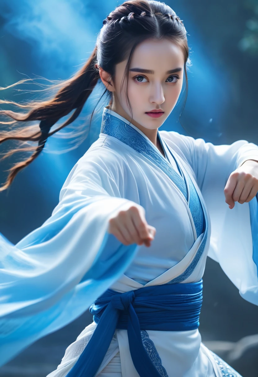 uhd, epic, cinematic still frame, sharp focus, craft a hyper realistic photo of most attractive and beautiful Wuxia girl (Dilraba Dilmurat), (beautiful face)、(((1 juvenile，full bodyesbian，tear-mole:)))full bodyesbian，Sharp eyes，Clear facial features，wearing a lace hanfu，White robe，Fighting，Strong dynamic posture，The body is surrounded by blue mist，Runes surround you，tai chi martial arts action，Holographic reality，holographic halo，dynamic blur，Game lighting effects，rim-light，Soft light，cinematic rim light，The light is delicate, Qi explosion, 