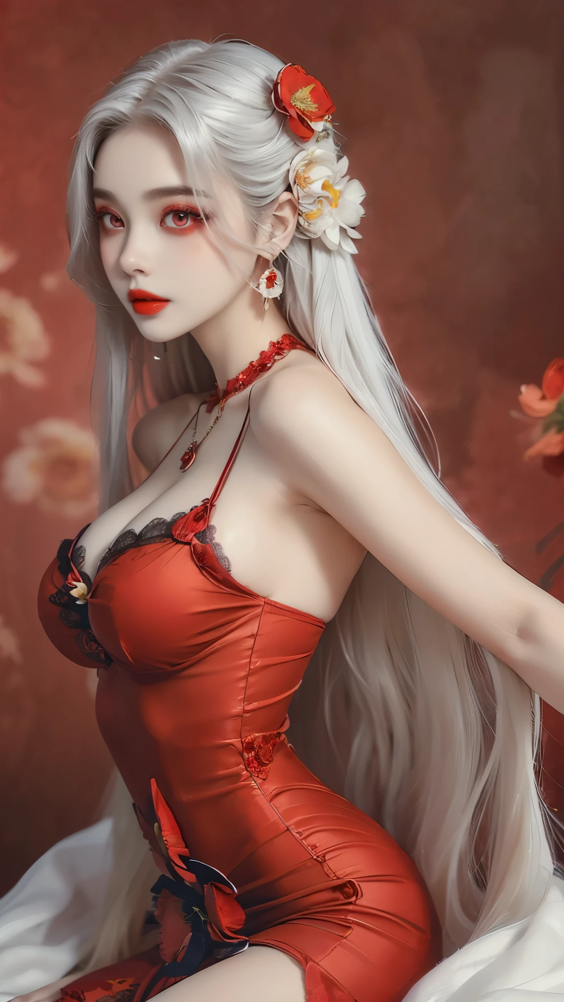 finest image, portrait, female, sexy, beautiful, cute, flat chest, abs, slender, amorous expression, lewd expression, ecstasy, orgasm, light silver glossy flowing layered iridescent hair, blue sparkling eyes, red alluring moist lips, red long dress, red long gloves, background royal palace, many falling petals, professional lighting